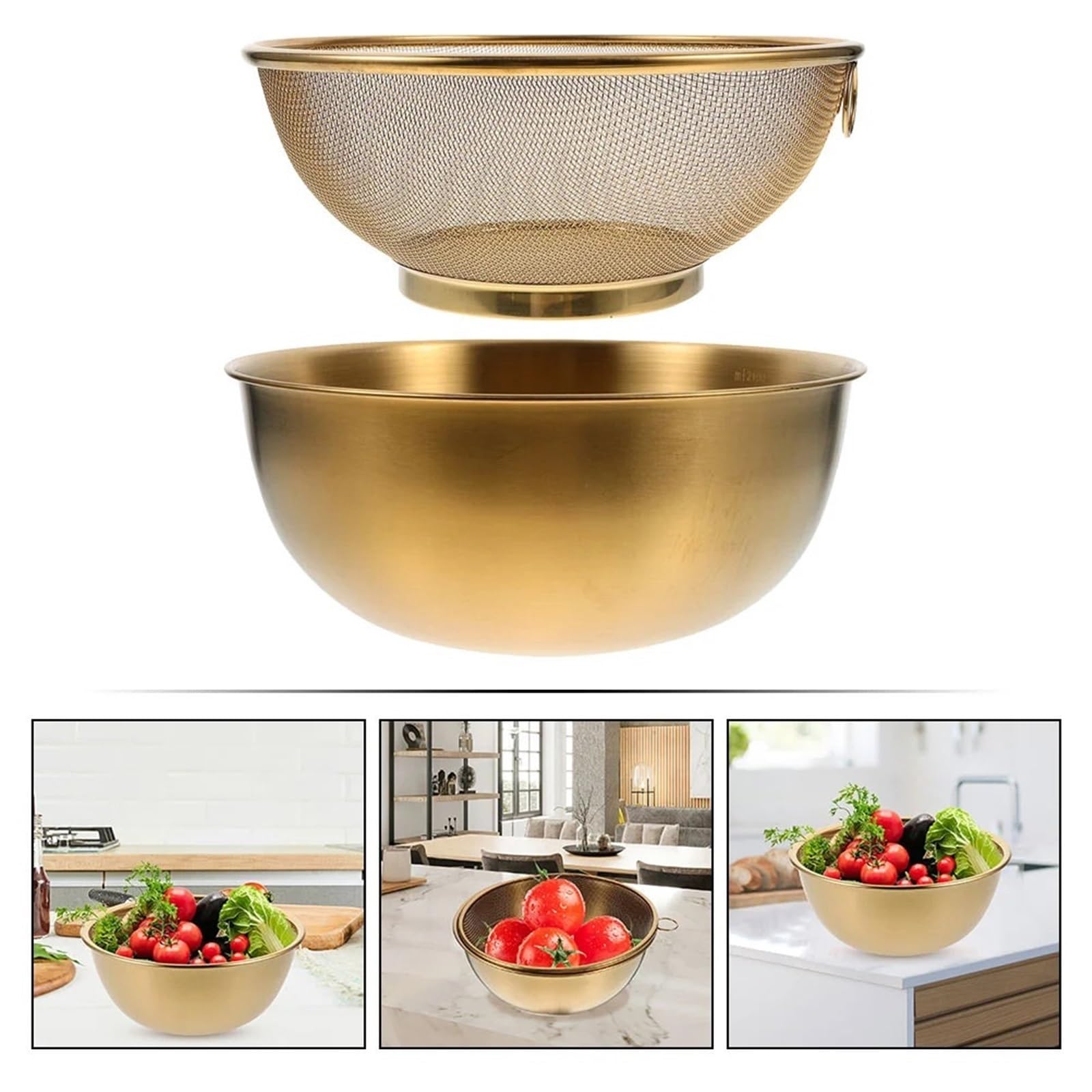 Colador De Arroz De Acero Inoxidable Juego de colador acero inoxidable con cuenco, lavabo for lavar arroz, escurridor verduras, malla fina, for mezclar, 1(Golden)