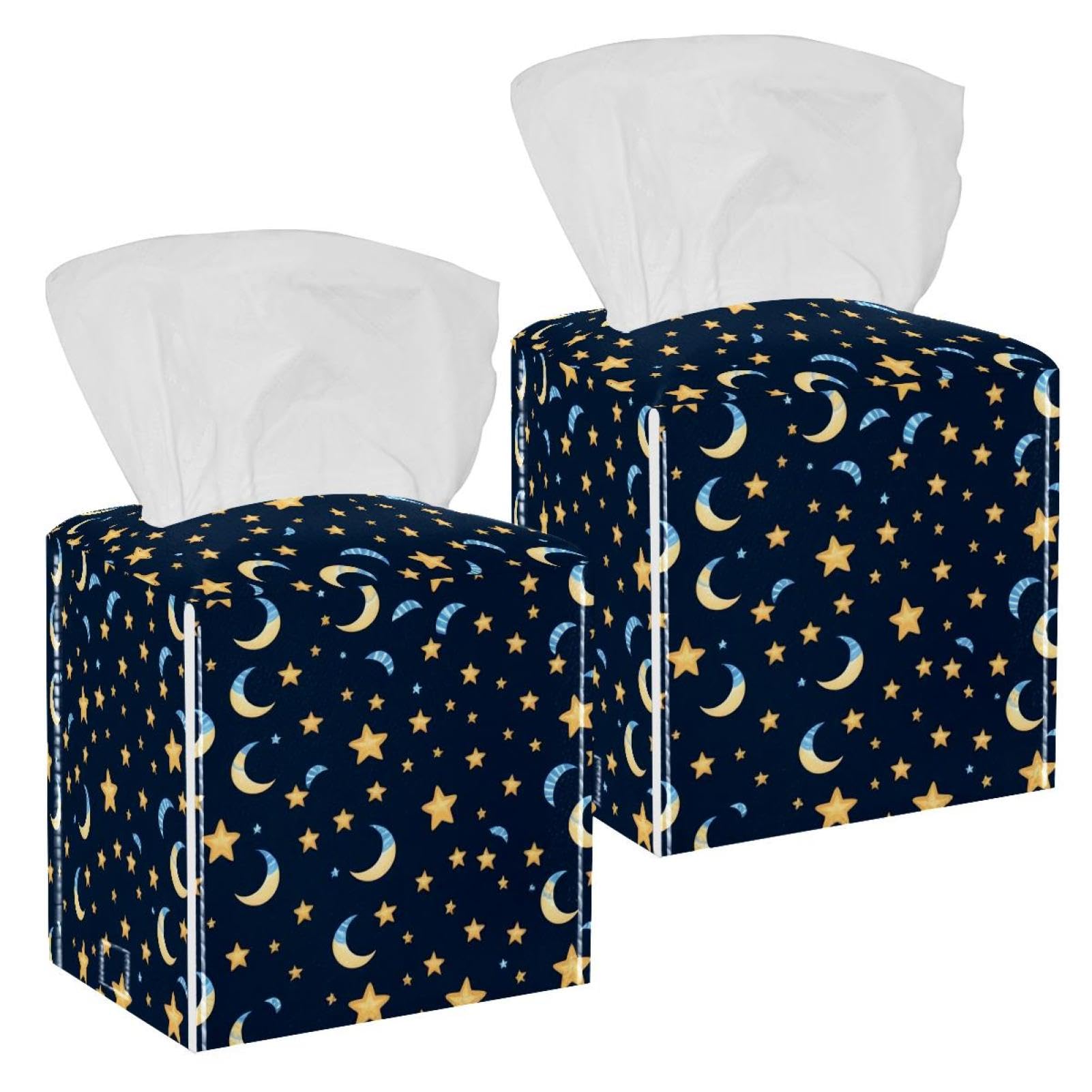 Artistic Stars Tissue Box Cover, 2 Pack PU Leather Square Facial Tissue Dispenser Box holder for Home Office Car