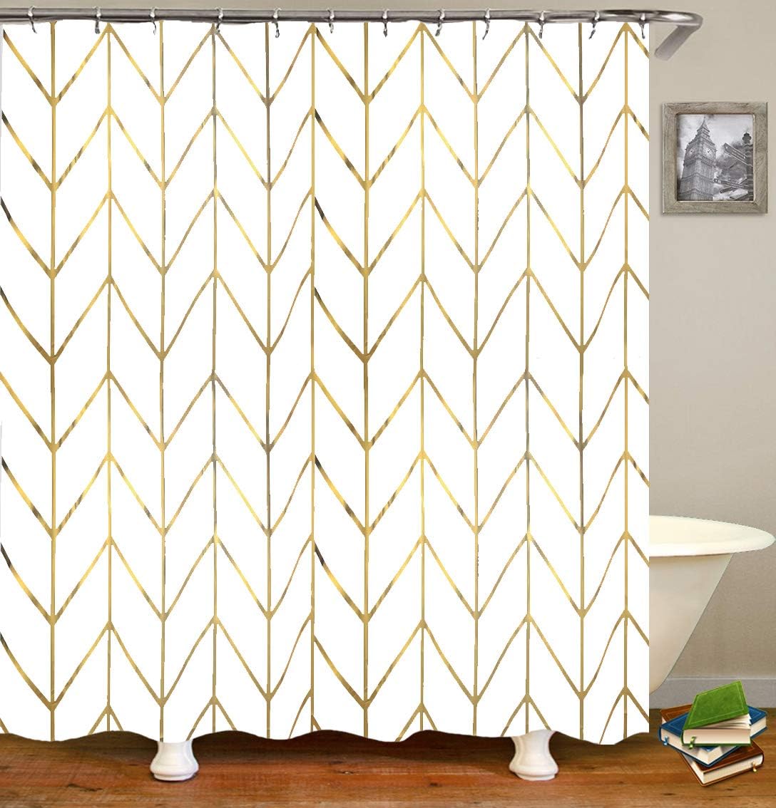 JTMall Shower Curtain with Gold Chevron, Geometric Pattern, Gold Shower Curtain Hooks/Rings, White Fabric, 72" x 72", Bathroom Decor (Golden Stripes)