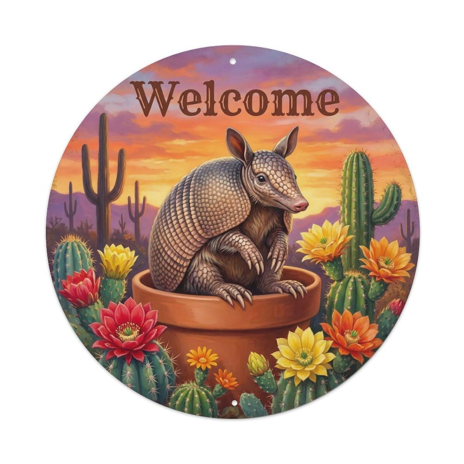 Okahys 8X8inch(20X20cm) Welcome Armadillo Cactus Bloom Metal Tin Sign