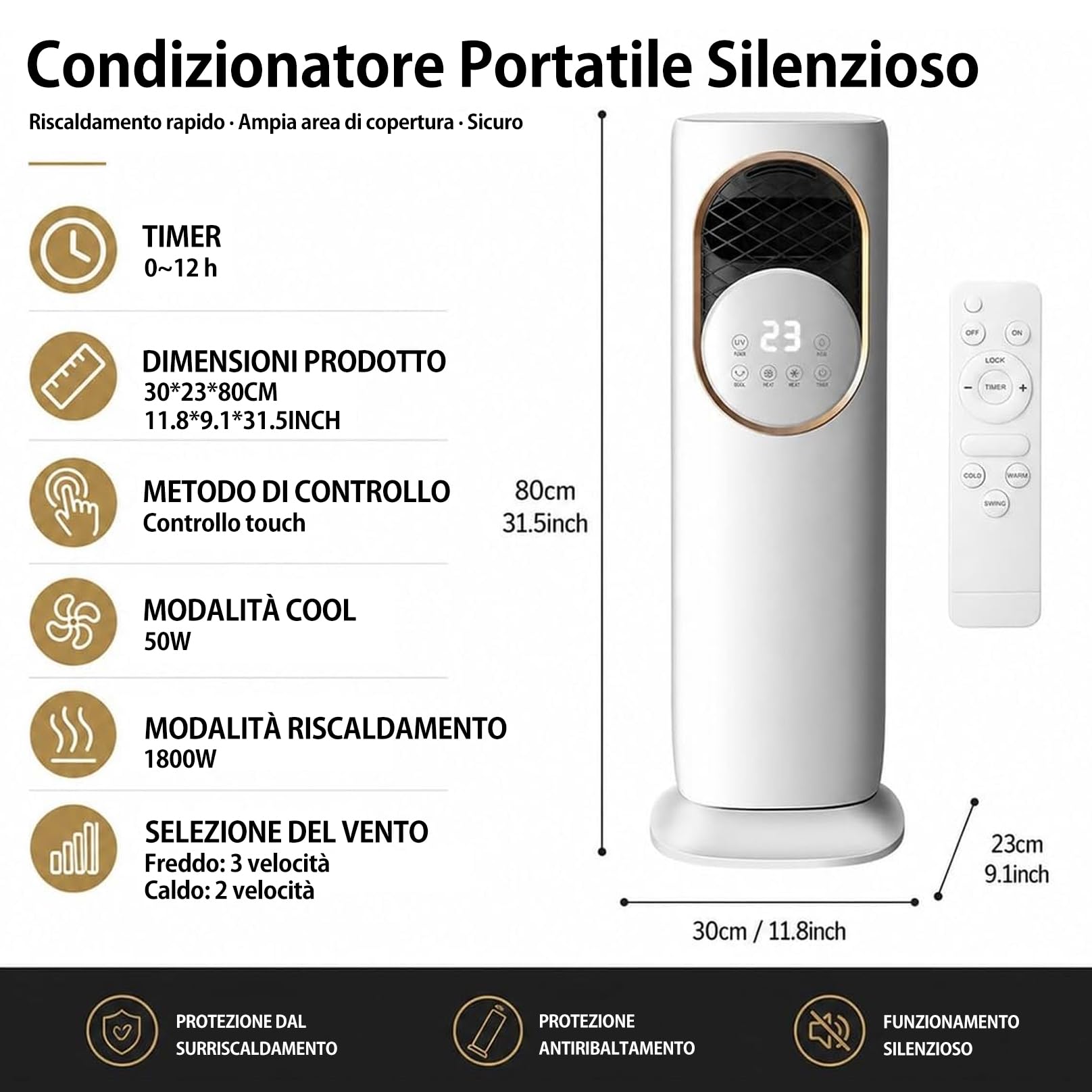 Condizionatore Portatile Silenzioso, Raffrescatore Portatile, Raffreddatore d'aria, Climatizzatore con Nebulizzazione, Timer 1-12H, Controlli Tattili e Telecomando, per Casa Ufficio Camere