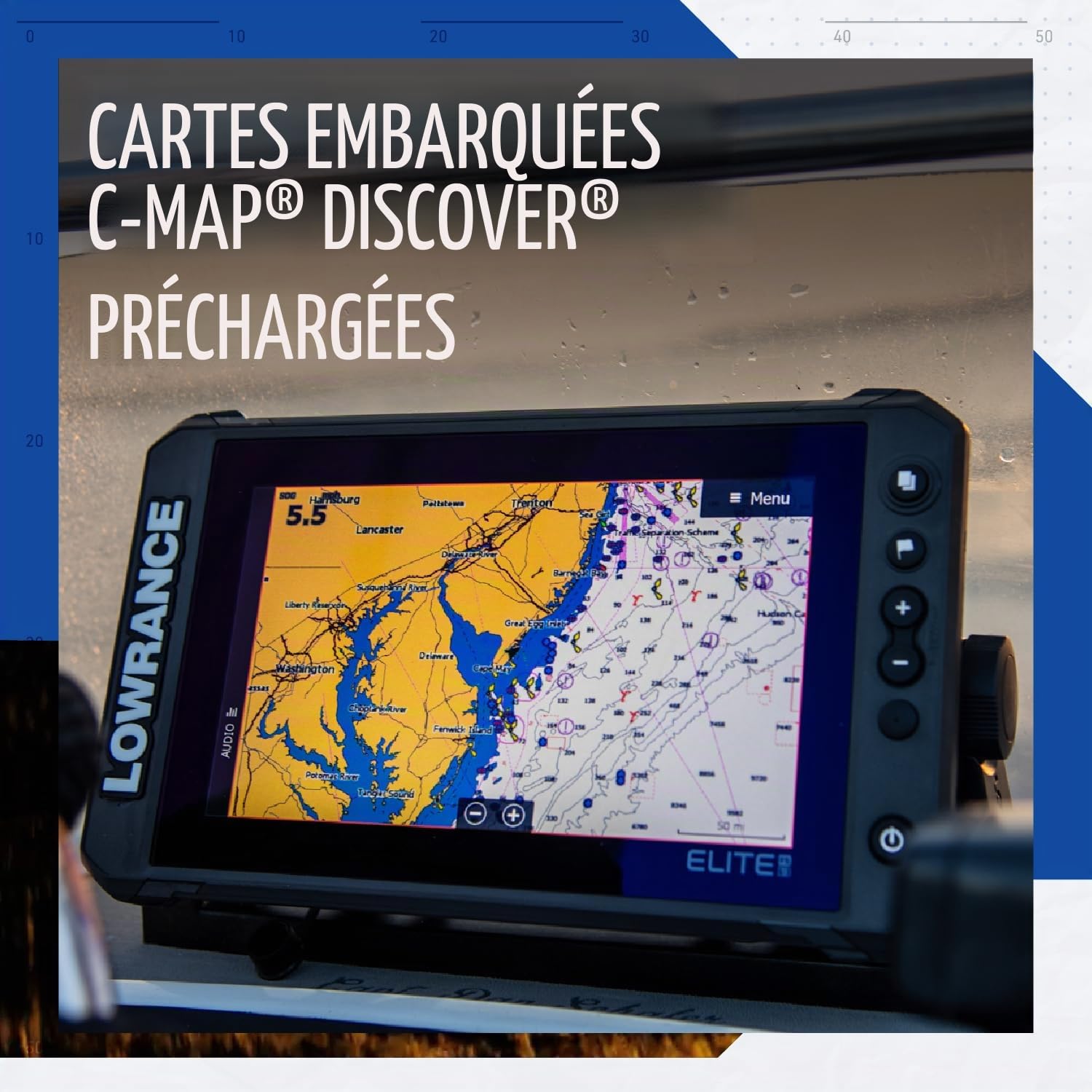 Lowrance Elite FS 7 Détecteur de Poissons avec transducteur 3 en 1 imagerie Active, Graphique C-Map Contour+ préchargé