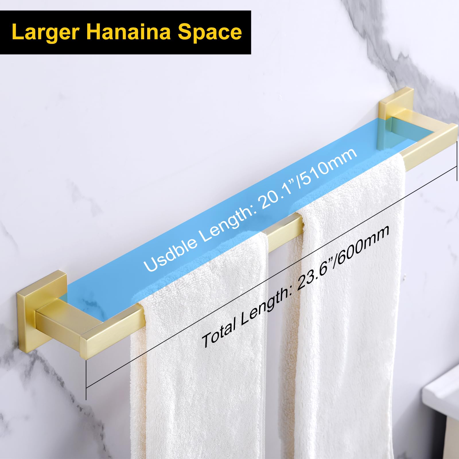 Bath Towel Bar, 24-Inche Towel Rack Brushed Gold Bathroom Towel Hanger one piece Square Shower Towel Rail Towel Rod Kitchen Lavatory Towel Holder Wall Mounted,A9010BG-L6P2