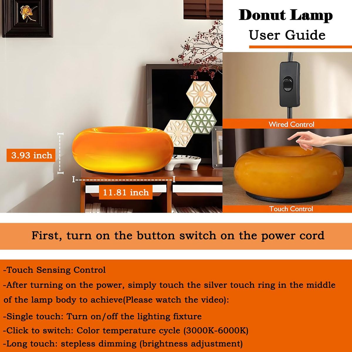 AoLa Donut Lampe Orange LED Innen Wandlampe Touch Dimmbar 3000K-6000K Wandleuchte mit Kabel und Stecker Rund Nachttischlampe Modern Glas Tisch Lampe für Wohnzimmer Esszimmer Schlafzimmer Kinderzimmer