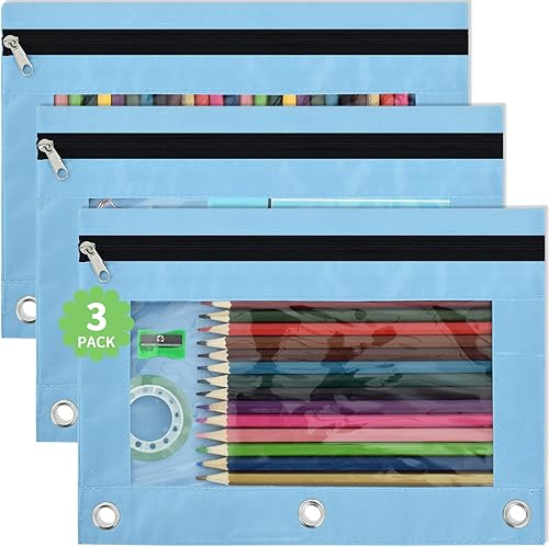 Vuzvuv Paquete de 3 bolsas para lápices, bolsa azul para carpetas de 3 anillos, bolsas resistentes con cremallera con ventana transparente, bolsa de