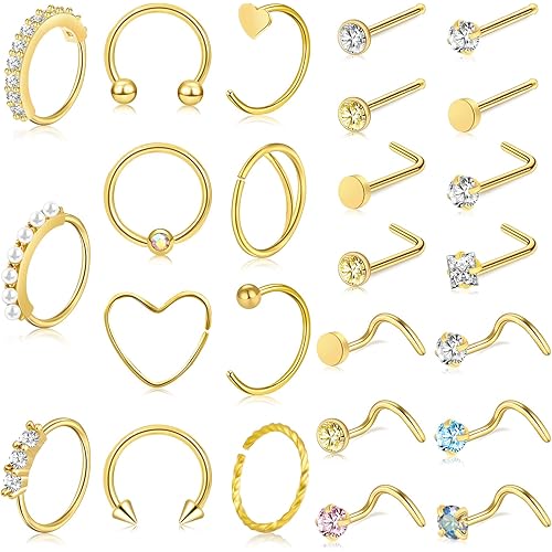 ONESING 35-70 PCS 18G 20G Nose Rings for Women & Men - Gold Hoops, L Shape, Studs & Screw - 316L Surgical Stainless Steel