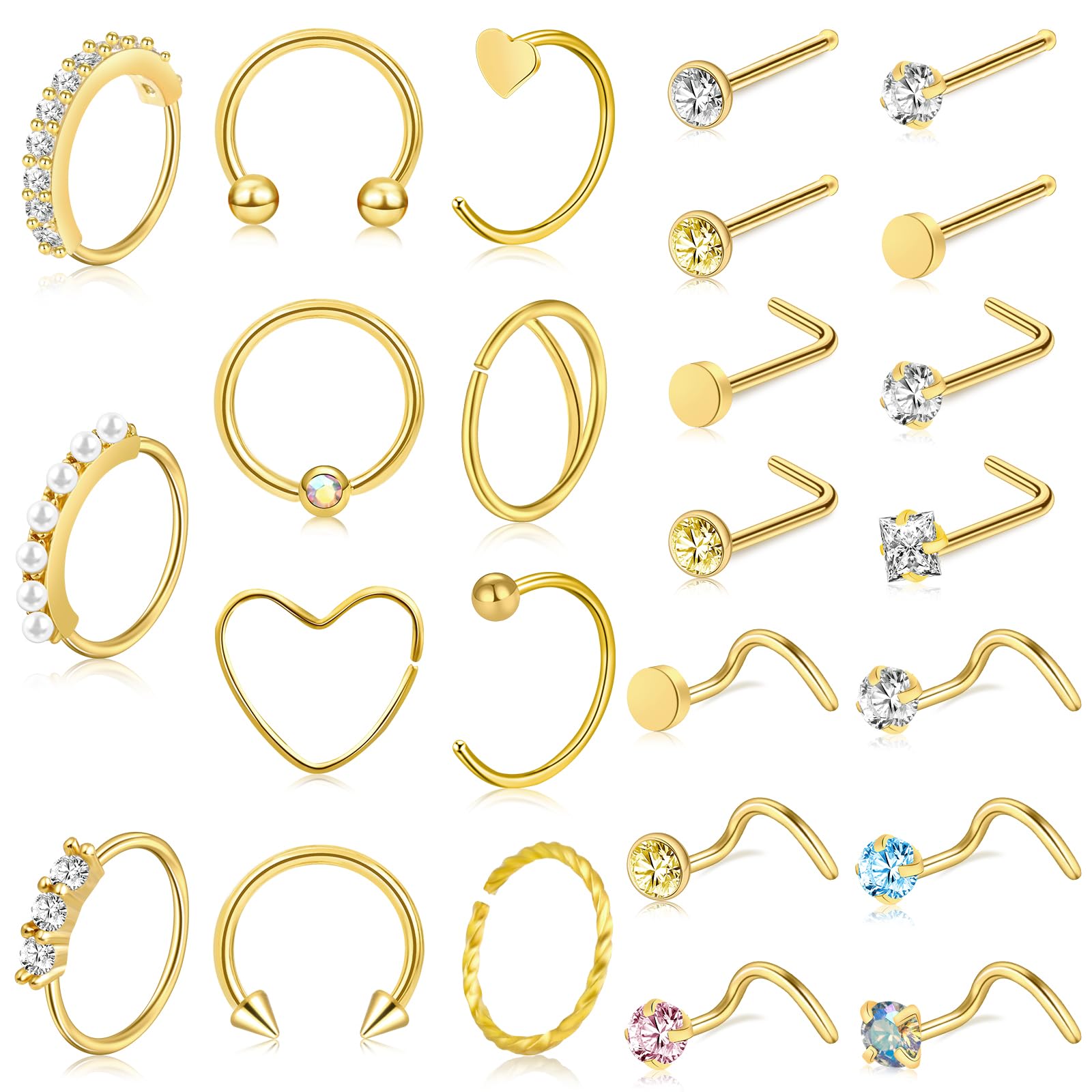 ONESING 35-70 PCS 18G 20G Nose Rings for Women & Men - Gold Hoops, L Shape, Studs & Screw - 316L Surgical Stainless Steel