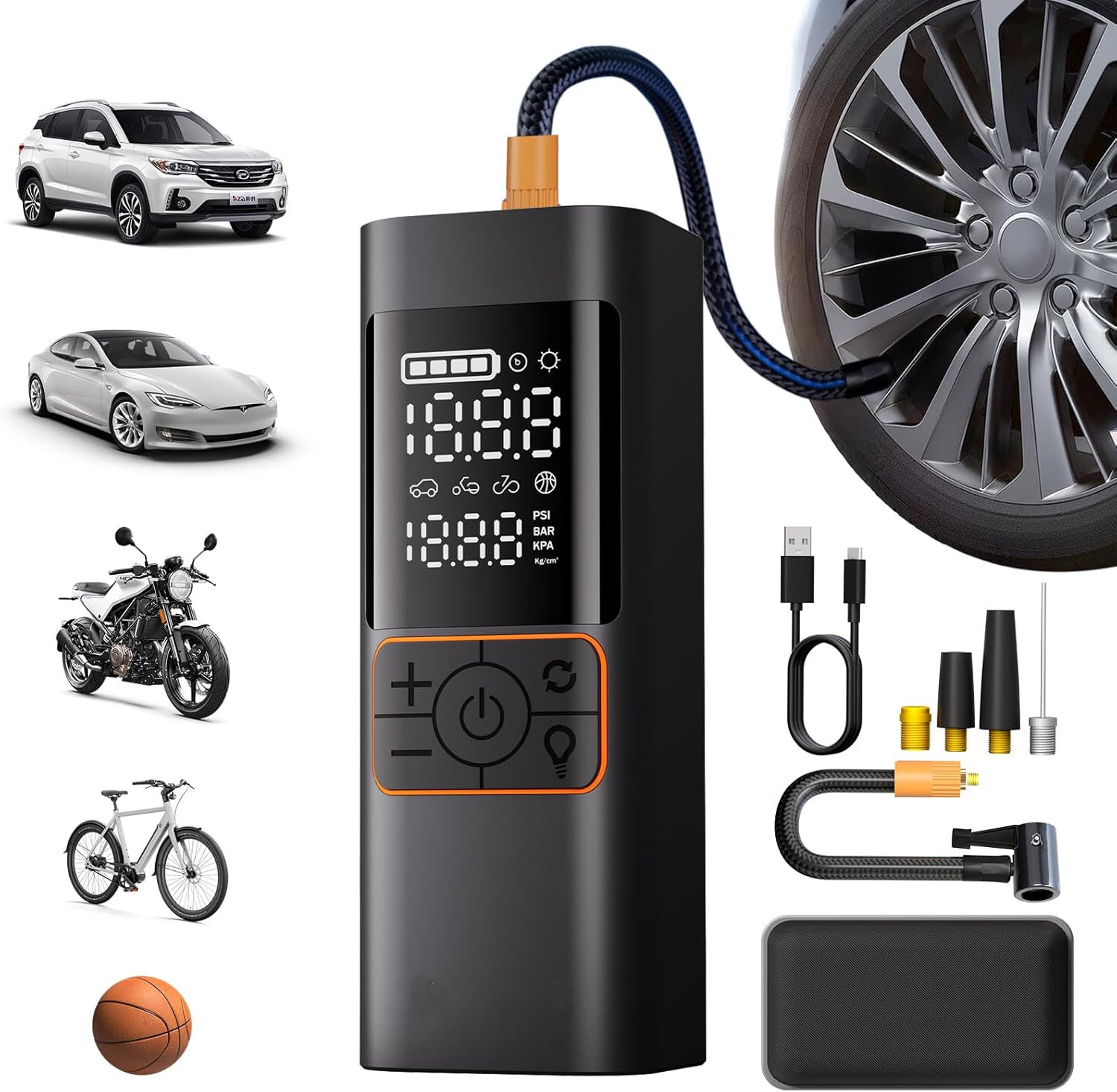 Tire Inflator Portable Air Compressor, 180PSI Air Pump with Dual Digital Pressure Gauge, Fast Inflation 32L/Min, Auto Shut-Off & LED Light, 6000mAh Battery Capacity, for Auto, Motorcycle, Bikes, Ball