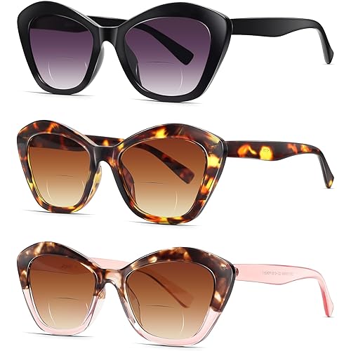 LADEESSE 3 Pack Bifocal Reading Sunglasses for Women Fashion Cateye Sun Readers Outdoor Reading Glasses UV400 +3.0 Protection