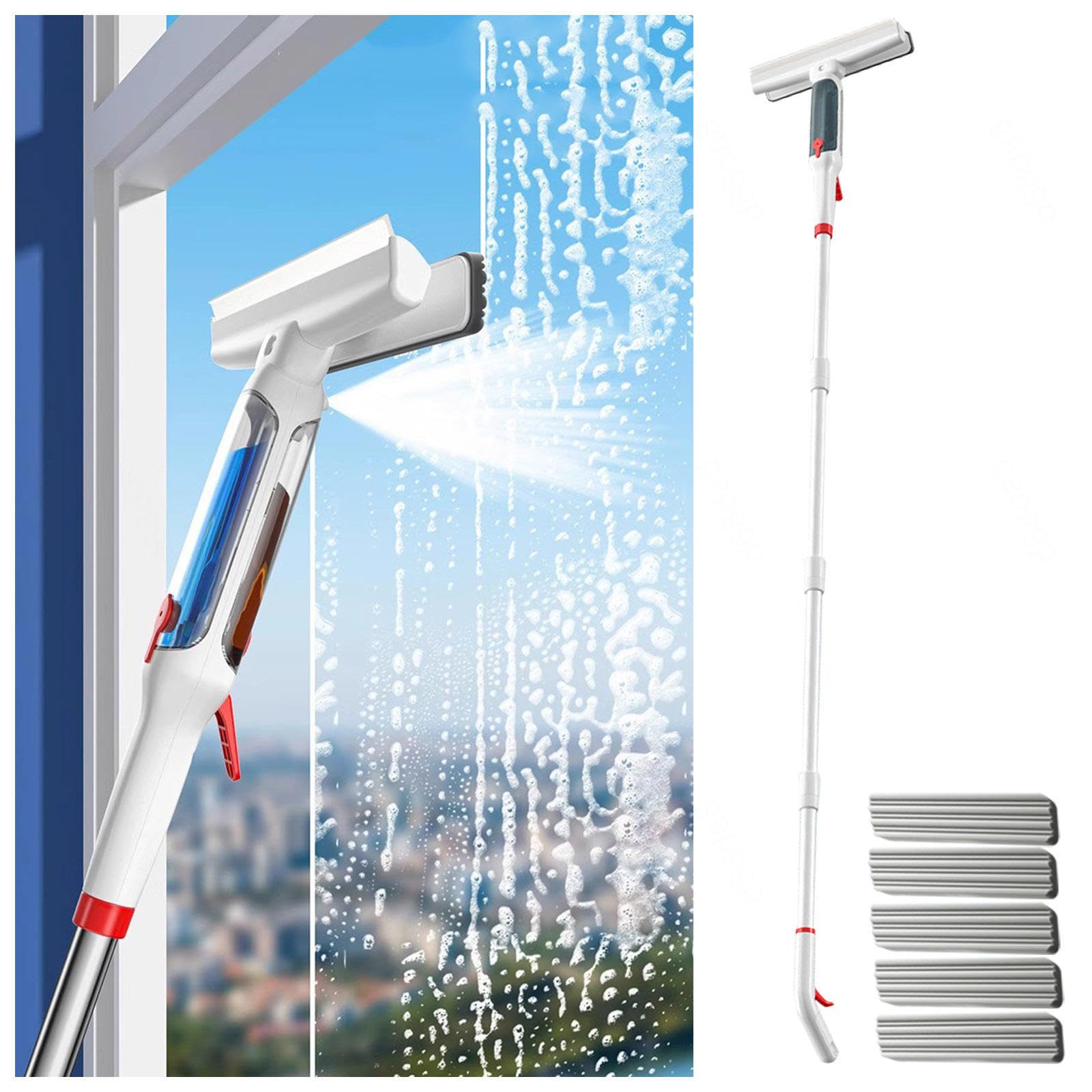 4 en 1 Spray Limpiacristales con Mango Extensible(190cm), Limpieza Cristales con Colector De Aguas Residuales Y 5 Paños para Ventanas Altas Interiores/Exteriores