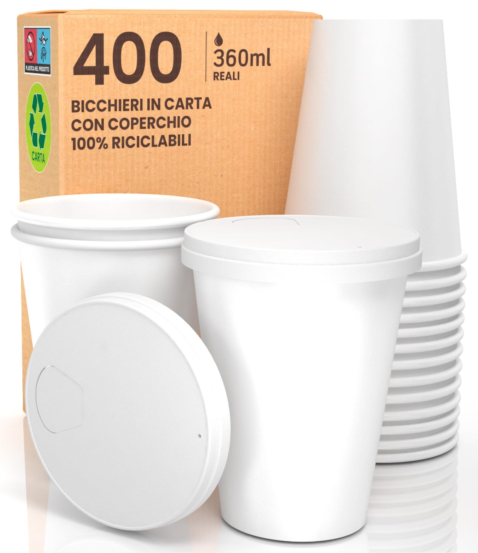 400 Kaffeebecher aus Papier, 360 ml, mit Deckel aus Papier, heiße und kalte Getränke, Tee-Infusionen, Wasser, Cappuccino sind umweltfreundlich, biologisch abbaubar, farbige Einwegbecher + 400 Deckel