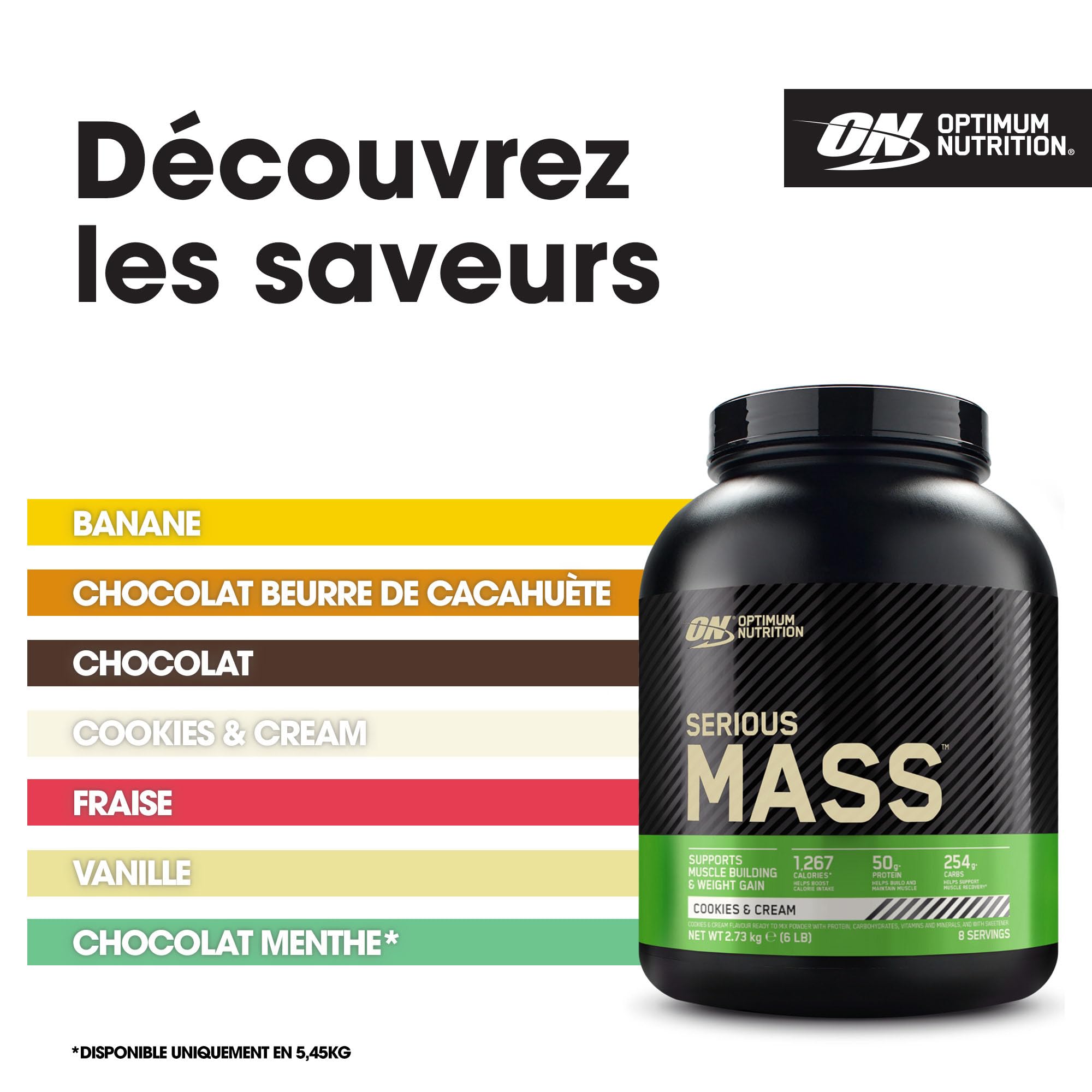 Optimum Nutrition Serious Mass Gainer en Poudre, Goût Cookies and Cream, 2.73kg, 8 Doses