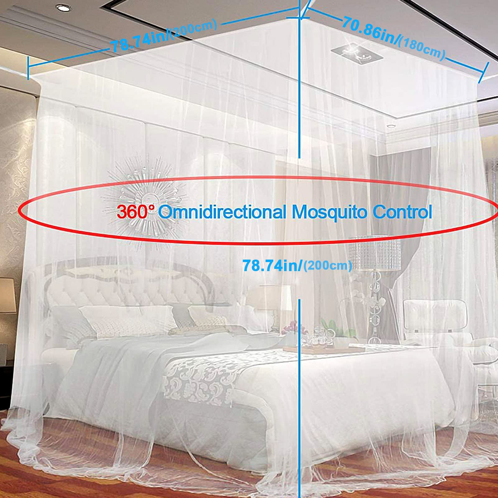 Moustiquaire de lit carrée, Baldaquin en Polyester Lits, Moustiquaire pour lit Double et lit Simple avec Outil d'installation, pour se protéger efficacement des moustiques, Blanc (2 * 2 * 1.8cm)