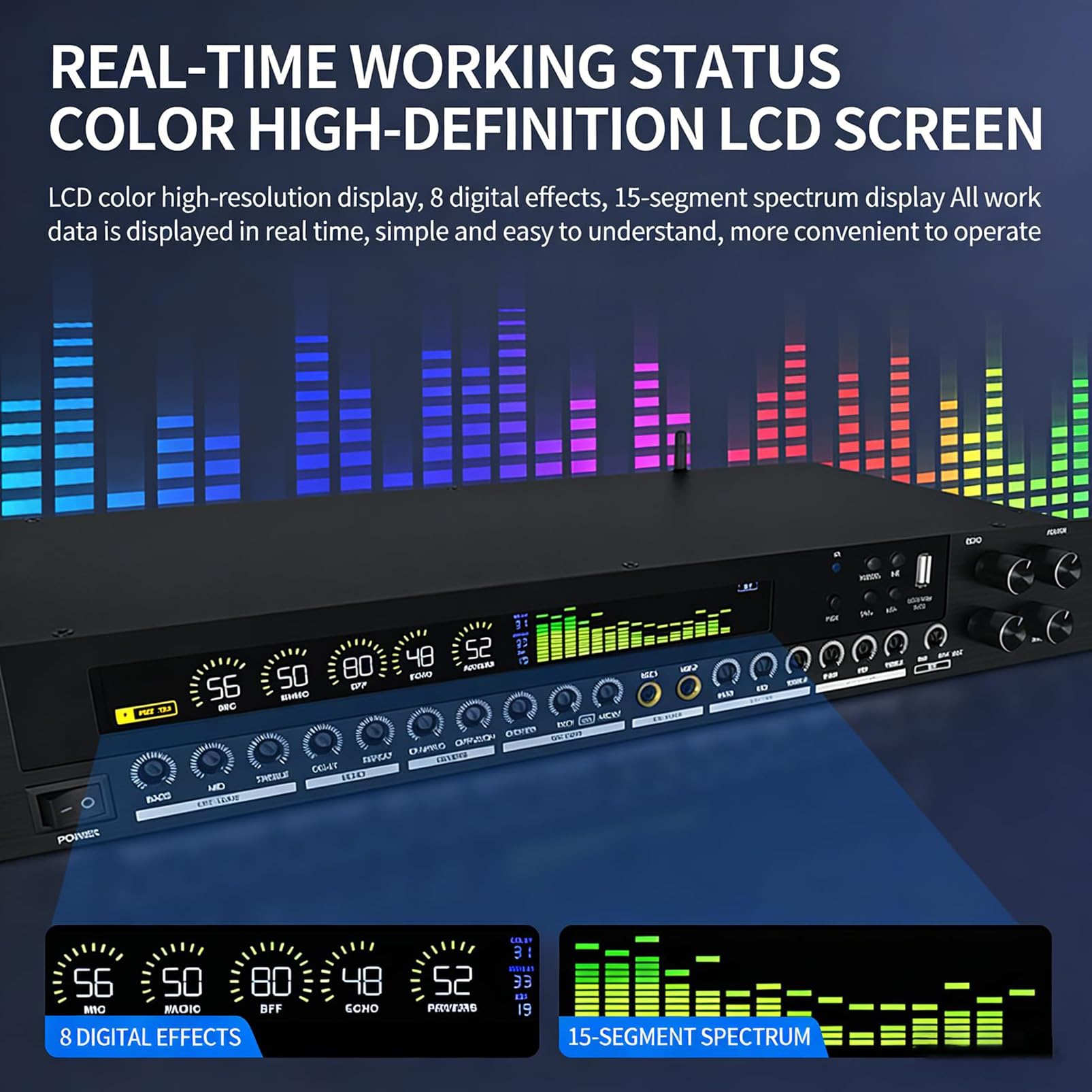 Procesador de audio digital con pantalla LCD, antiaullidos y efectos ajustables de espectro dinámico para uso doméstico, escenario e iglesia