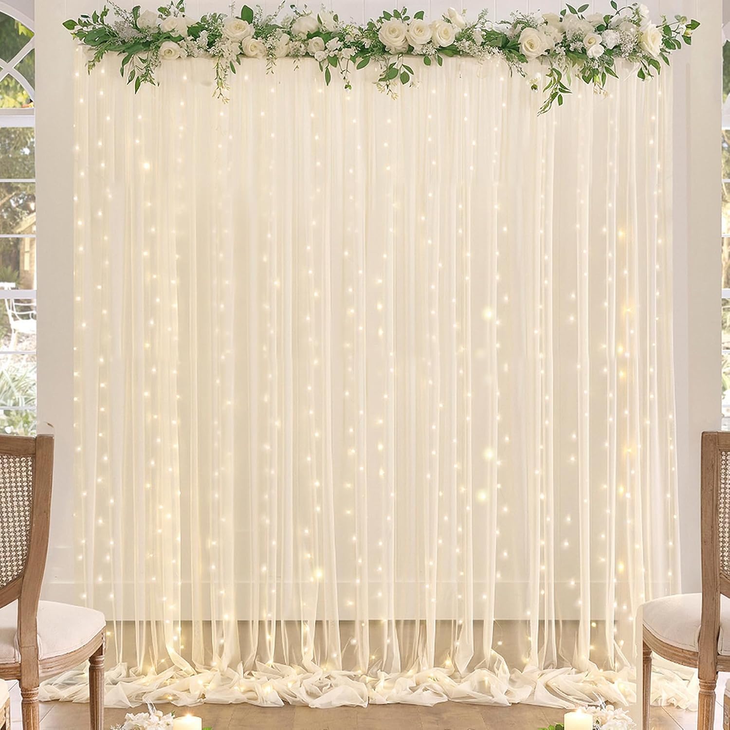 Champagnerfarbener Hintergrundvorhang aus Tüll mit Lichterkette, 3x3m, für Partys, Hochzeiten, Geburtstage, Baby-Shows und Foto-Shootings (2 Panels, je 1,5x3m)