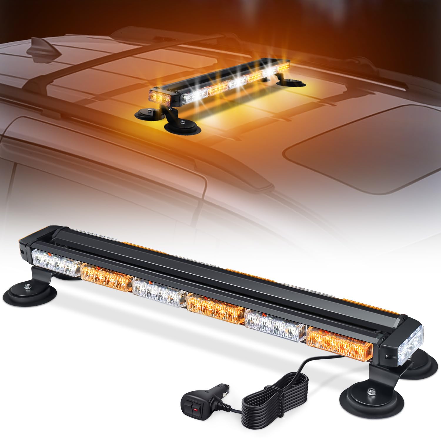 71cm Rotativo Luz LED Estroboscópica, 12V-24V Amarillo & Blanco Luz de Emergencia con 20 Imanes Resistentes para Vehículos de Construcción Carretilla Elevadora Tractor Remolque Quitanieves