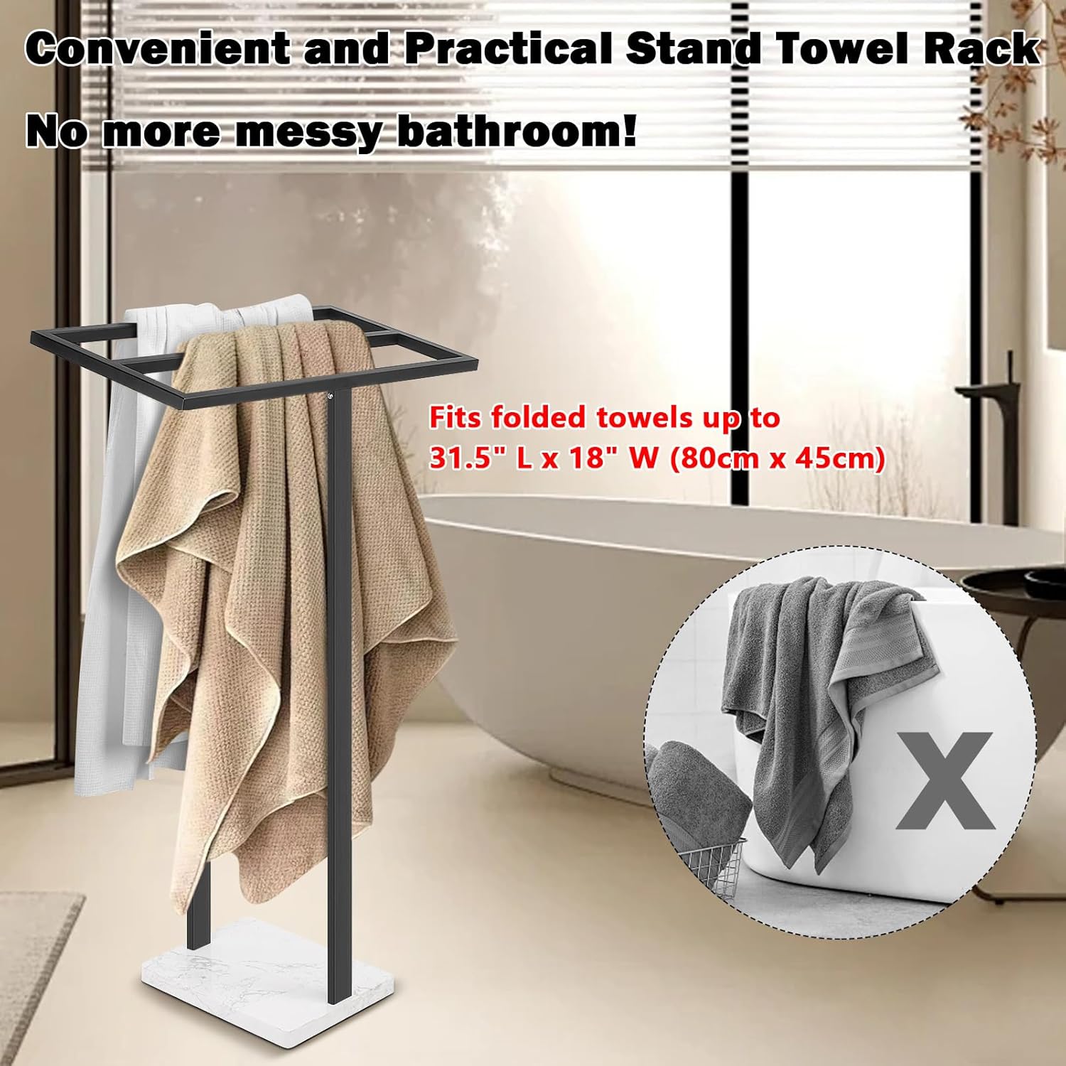Livabber Standing Towel Rack, 304 Stainless Steel 2 Tier Towel Holder Stand with Heavy Marble Base, Stylish Floor Towels Bar for Bathroom Accessories, Laundry Room, Pool (Black)