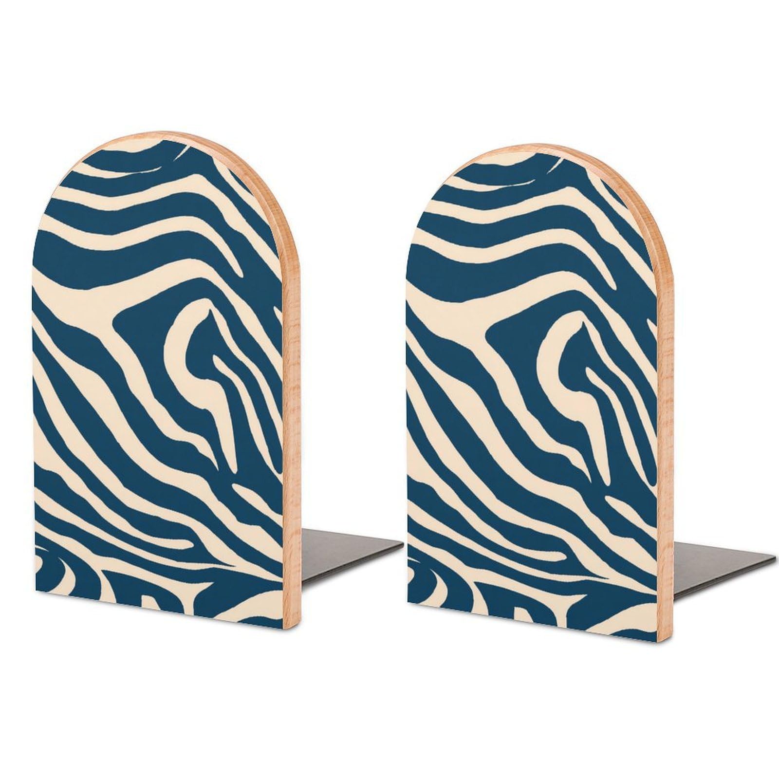 Abstract Retro Zebra Waves Horizontal Organic Stripes Wooden Bookends Shelves 2 PCS Sturdy Book Holders Desktop Organizer for Home Office Libraries