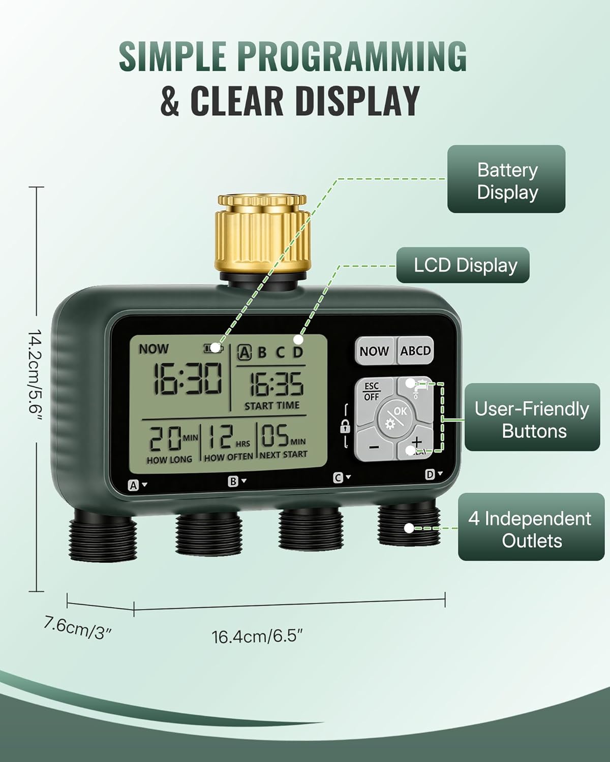 4 Zone Brass Sprinkler Timer, Garden Hose Timer, Automatic Irrigation System, Programmable Faucet, 4 Outlets, with Rain Delay, Manual Mode,Child Lock, for Yard, Garden, Lawn, Green E14WT06