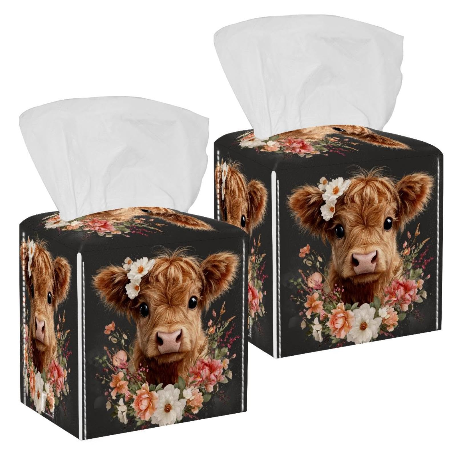 Highland Cow Tissue Box Cover, 2 Pack PU Leather Square Facial Tissue Dispenser Box holder for Home Office Car