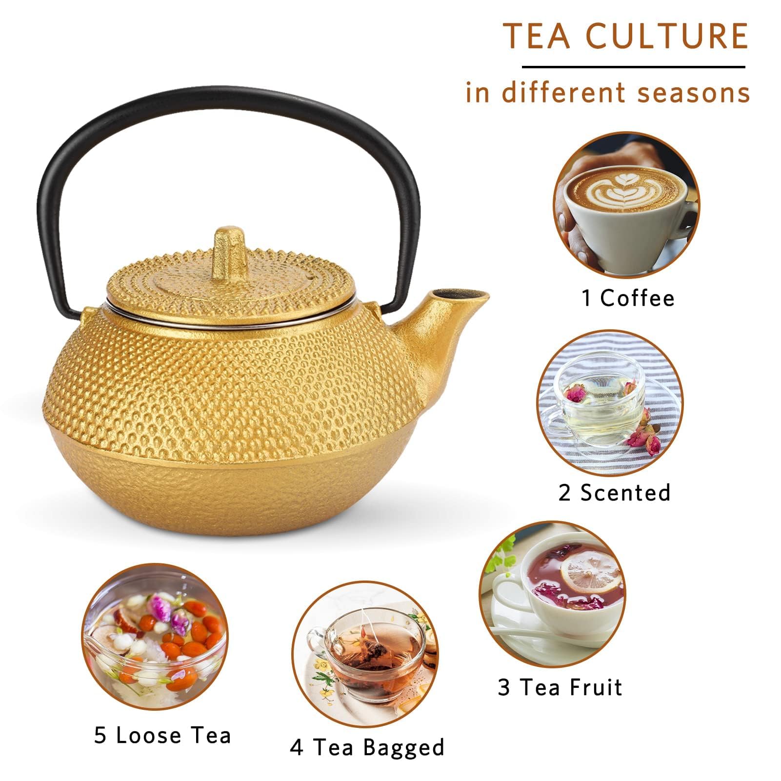 Agatige Metal Teapot, 300ml/10oz Stovetop Teapot Japanese Iron Kettle Gold Tea Kettle Brass Tea Kettle with Stainless Steel Removable Infuser, Boiling Kettle Stovetop Safe Tea Pot for Loose Leaf Tea