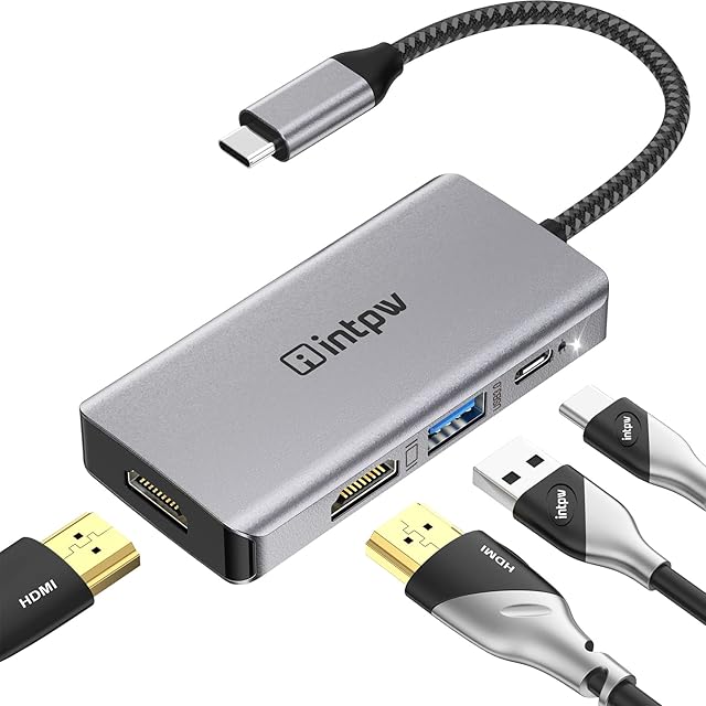 INTPW USB C to Dual HDMI Adapter, Type C/Thunderbolt 3 to 4K Dual Monitor Adapter, 4-in-1 USB C to HDMI with 2 HDMI Ports , Power Delivery, USB 3.0 Port, Compatible with MacBook Pro/MacBook Air