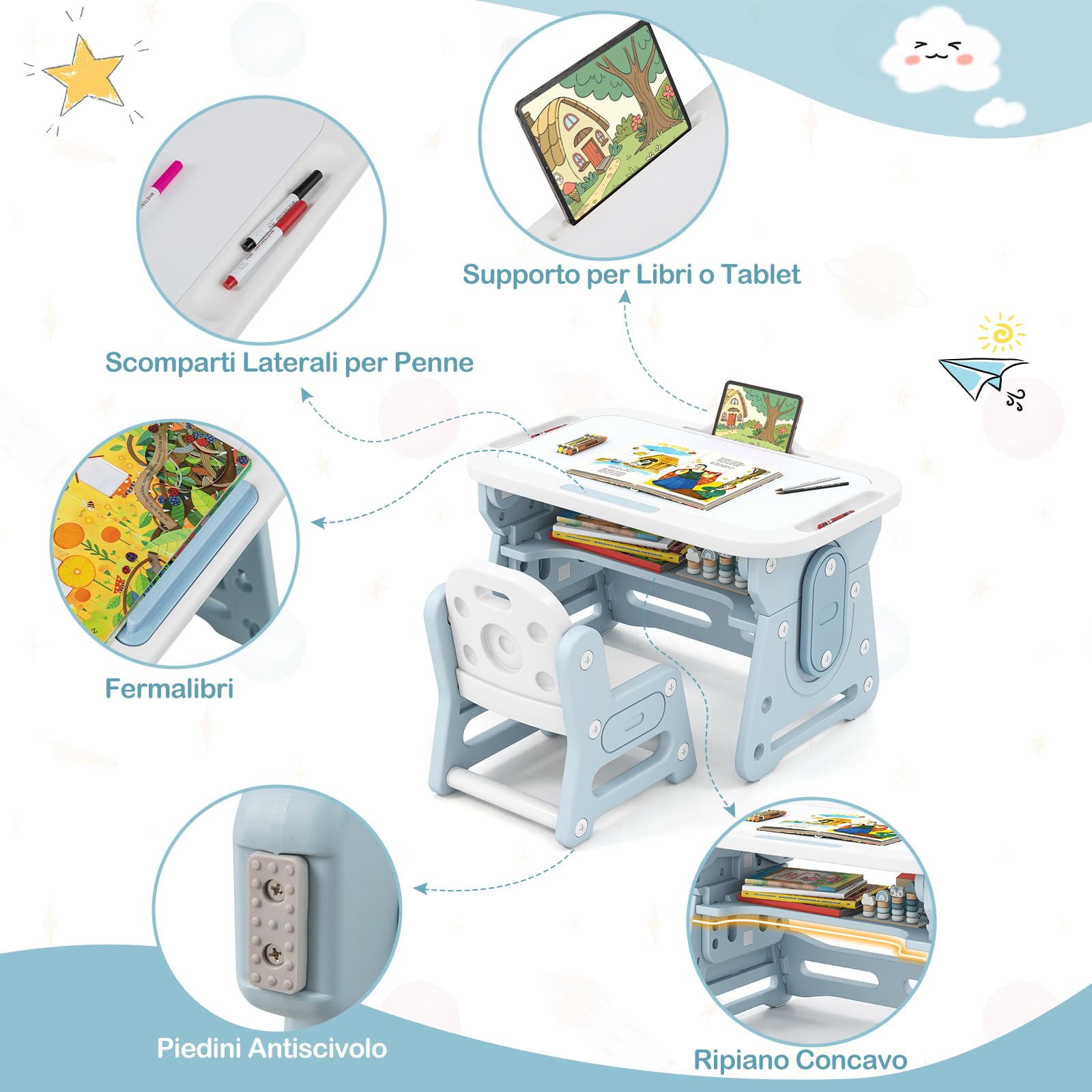 COSTWAY Set Tavolo e Sedia per Bambini 3+ Anni, Tavolo Regolabile in Altezza con Lavagna Inclinabile, Sedia Ergonomica, Supporto per Libri e Ripiano Concavo, per Disegnare e Leggere (Blu)