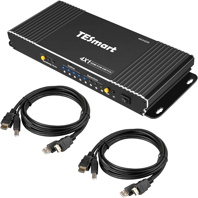 TESmart 4 in 1 out HDMI KVM Switch 4K@60Hz 4:4:4 Ultra HD 4 PCs 1 Monitor with Extra USB 2.0 Port&L/R Audio Output Controls up to 4 PCs/Servers/DVR Includes 2 pcs of 1.5 m KVM Cables-Matte Black
