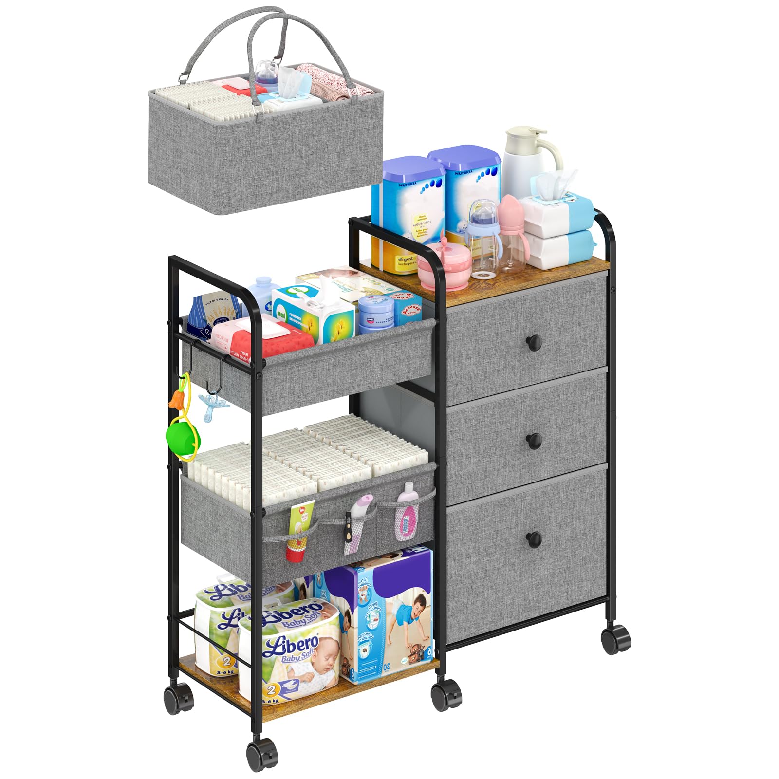 Cidaziya - Organizador y almacenamiento de pañales para bebé 2 en 1, carrito rodante de 3 niveles con divisores y cajones, carrito utilitario móvil, organizador de ropa para cambiador, cuna, guardería, dormitorio, color gris