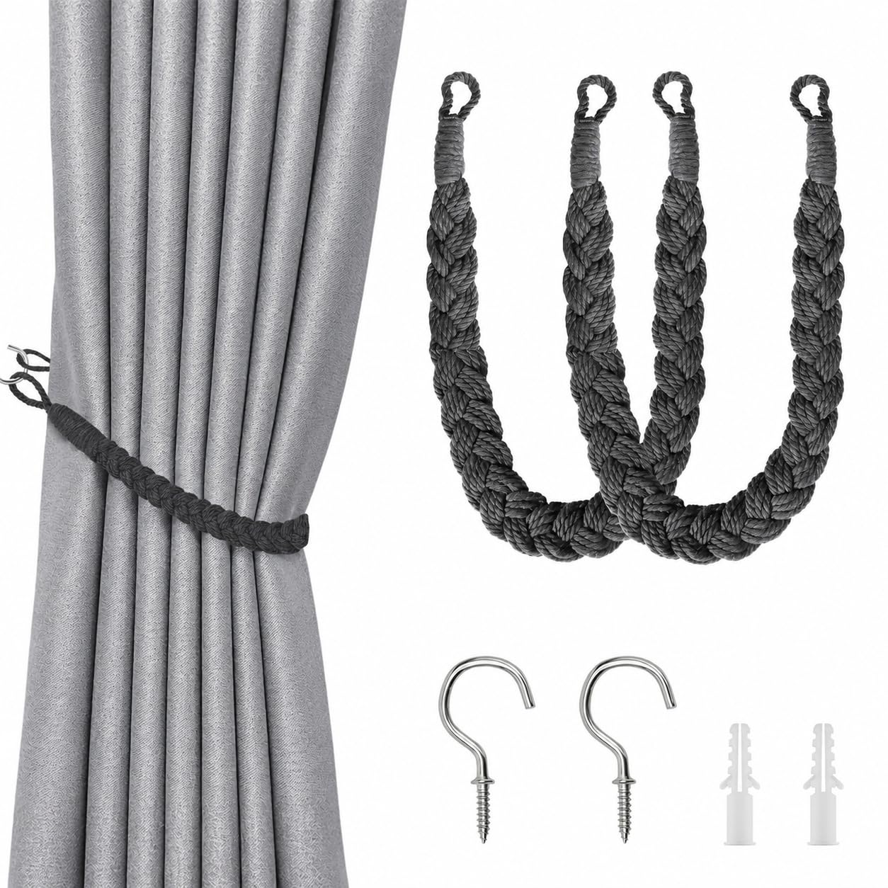 2 Pack Rope Curtain Tie Backs, Hand-Woven Natural Cotton & Boho Style Decorative Curtain Tiebacks with Metal Hooks, Soft Braided Curtain Ties for Home and Office Drapery