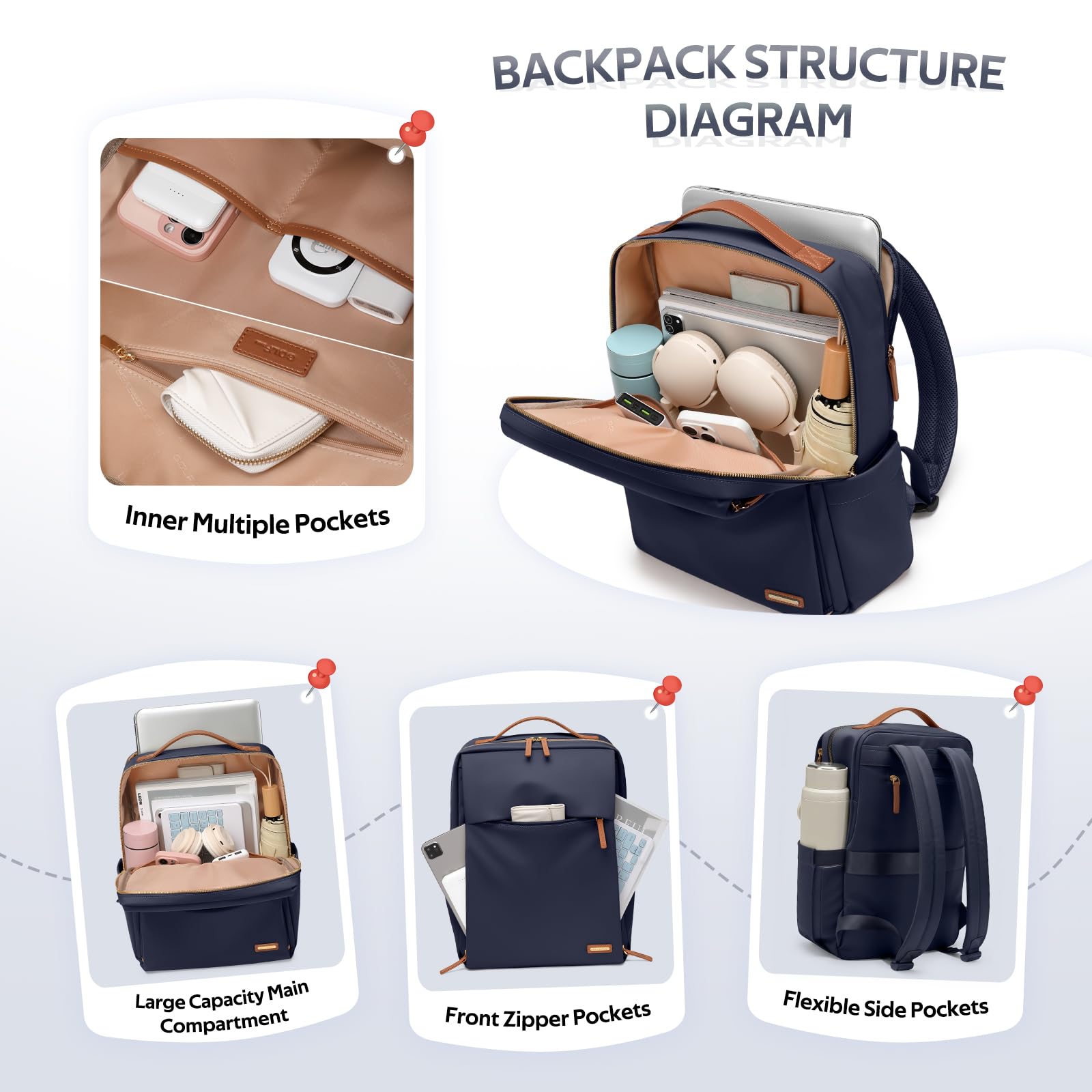 GOLF SUPAGS Sac à Dos pour Ordinateur Portable Pour Femme de Approuvé Par Les Compagnies Aériennes Sac à Dos Décontracté Multifonctionnel de 15,6 Pouces pour Voyage, Travail, École