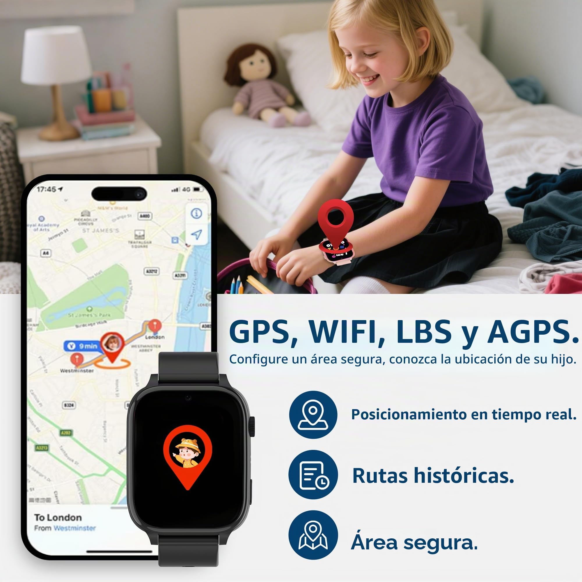 4G Reloj Inteligente Niño, Smartwatch Niños con GPS y Llamadas, Teléfono, HD Videollamadas, Chat de Voz, SOS, Modo Escuela, Cámara, Juegos, Despertador, IP68 Regalo Reloj Niñas Niños Negro