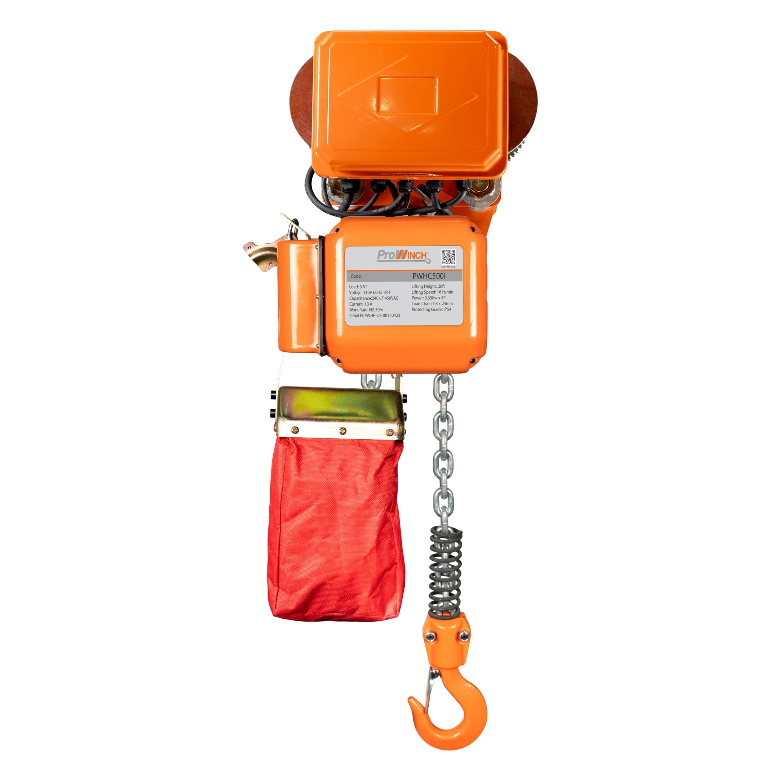 Prowinch 1/2 Ton Electric Chain Hoist Power Trolley 20 ft. G80 Chain M3/H2 220V
