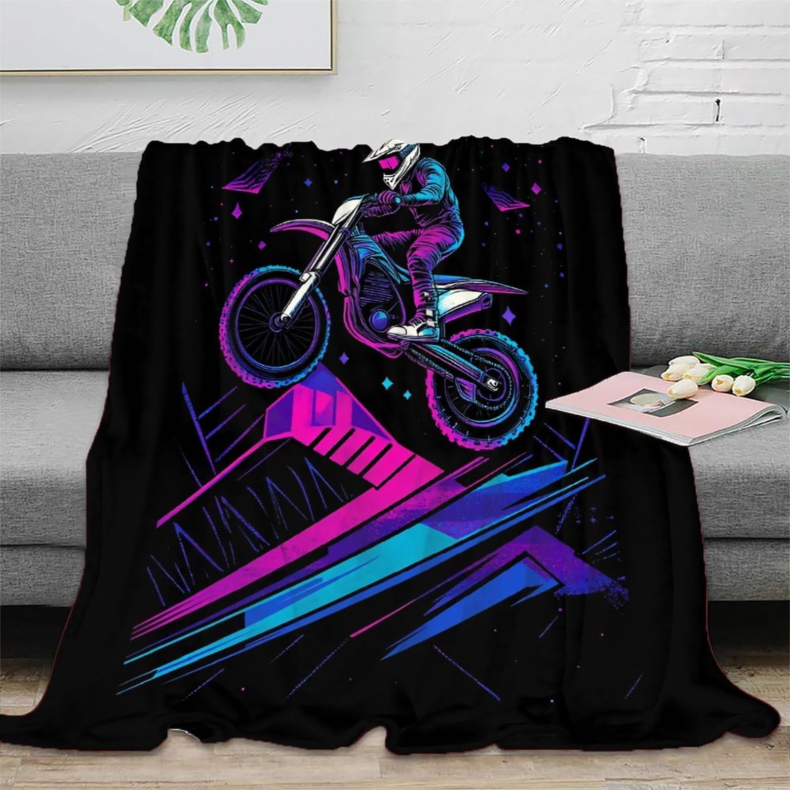 Couverture motocross néon retro jeté de canapé microfibre plaid 150x200
