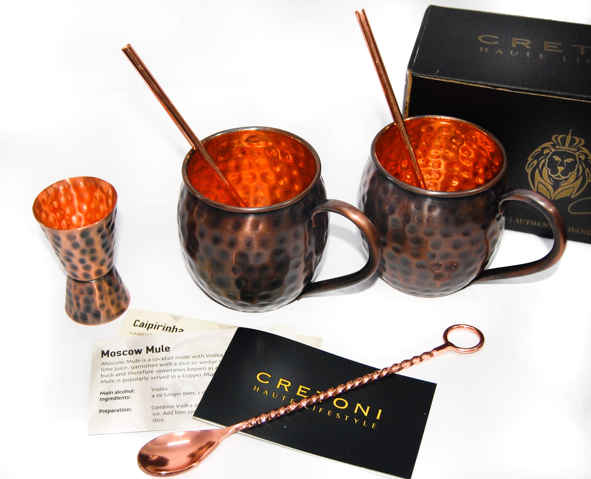 Cretoni Copperlin Pure Copper Antique Hammered Style Moscow Mule Handcrafted 16 Oz Mugs Set of 2 with 2 Copper Straws, Hammered Jigger and Twisted Bar Spoon