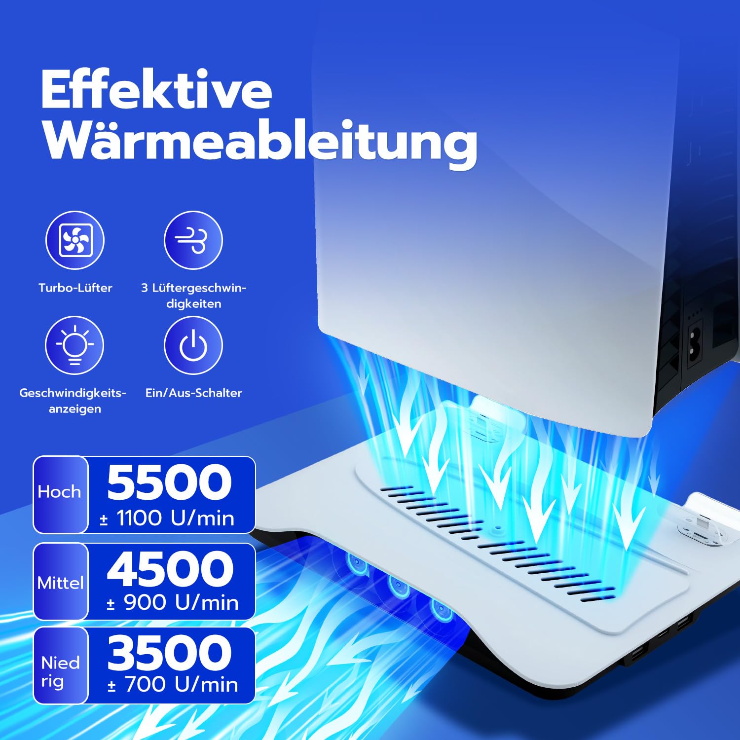 Mcbazel PS5 Kühlständer mit Ladestation | 3-Stufen Kühlventilator + 2 Controller Laden Kompatibel mit PS5/Playstation 5 Pro/PlayStation 5 Slim Disc & Digital – Weiß