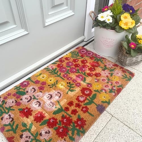 Hello Welcome Door Mat 100% Coir Coconut Husk Sustainable Door Mats Rubber Backed Bright Colours Floral Dirt Trapper Entrance Mat Botanical Spring Watercolour Indoor Outdoor Rectangular 45cm x 75cm