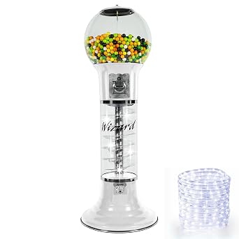Gumball Machine Original Spiral with LED Light Rope - 4`10 Height - Set Up for $0.25 - Dispenses 1 Gumballs, Bouncy Balls & Toys in Round Capsules - Spin & Drop Vending Machines - White