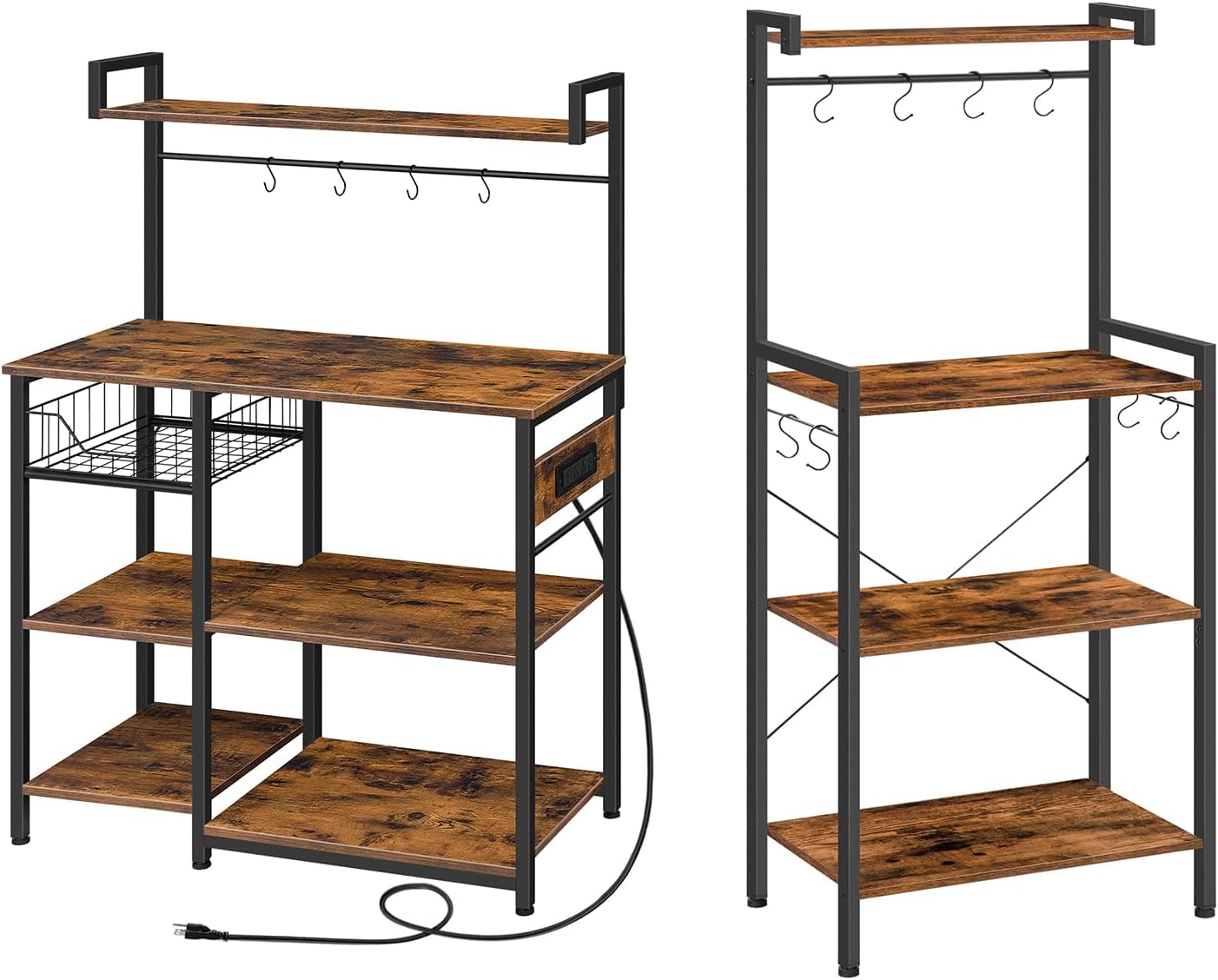 HOOBRO Bakers Rack with Power Outlet and Kitchen Bakers Rack with Storage, 35.4 in Coffee Bar with Mesh Basket, Kitchen Microwave Stand with 8 S-Shaped Hooks, Rustic Brown and Black BF05HB01-BF04HB01