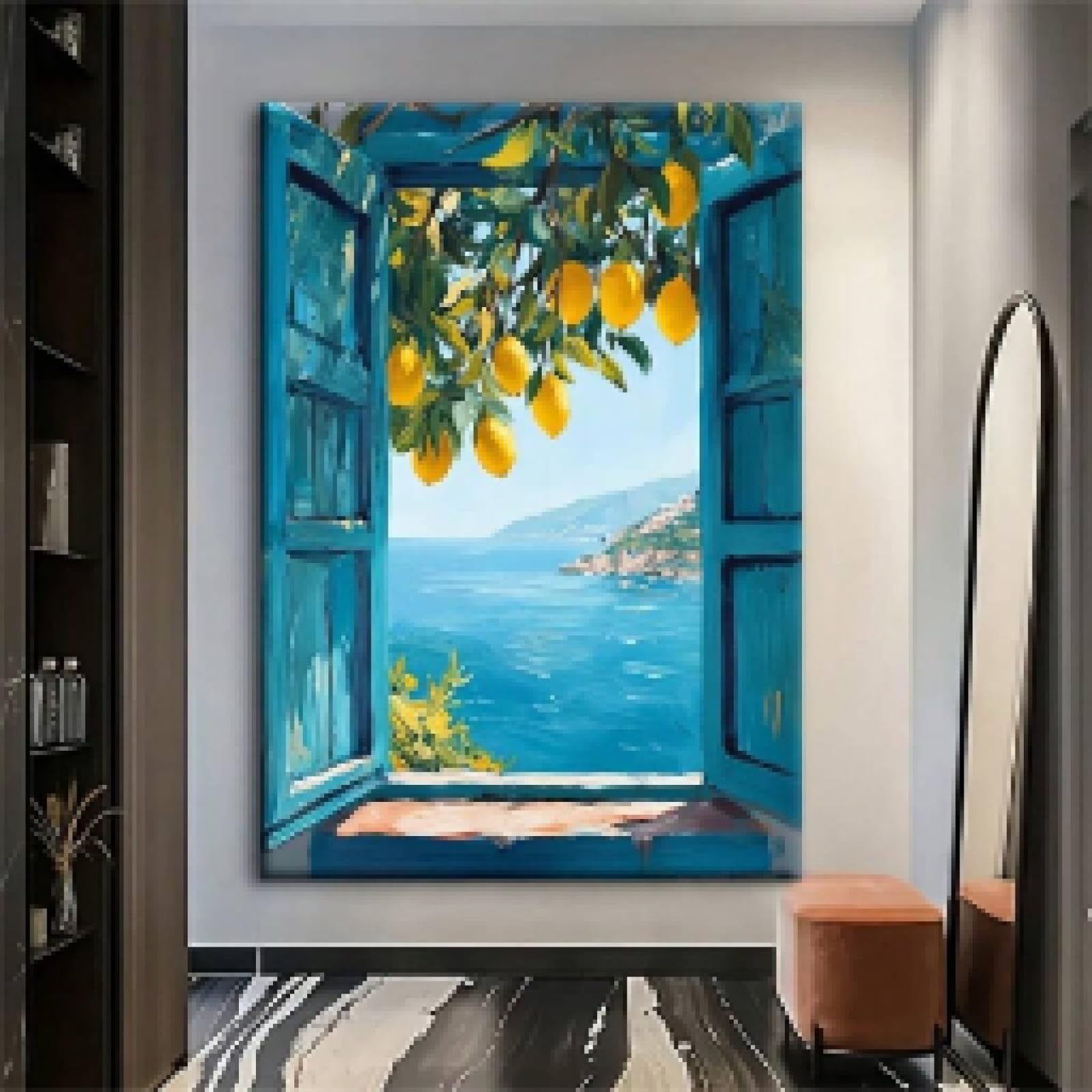 XBTYKPB Cuadros de pared con vistas al Mediterráneo, impresiones de limoneros costeros, lienzos, pósteres costeros, estética azul, 21 x 30 cm, con marco