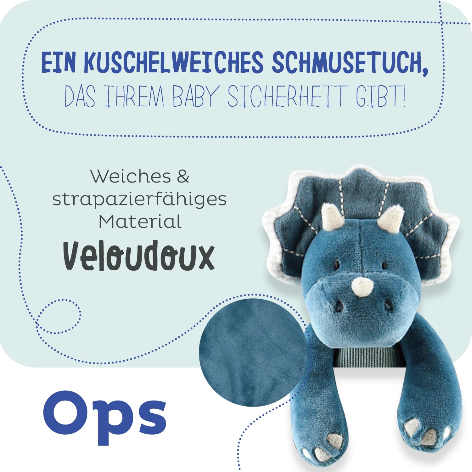 Noukie's - Schmusetuch für Kinder - Schmusetuch aus Veloudoux - Ops, der Triceratops - Viele Funktionen - Blau - 1 Stück