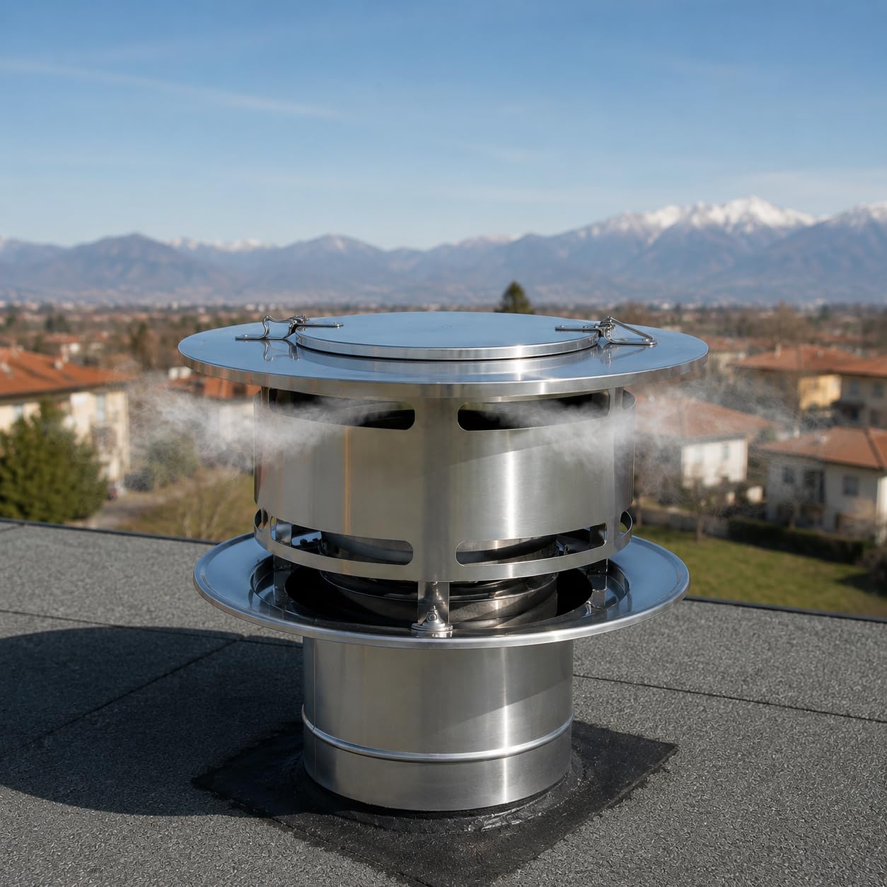 MAKA Comignolo Anti Intemperie con Ispezione, Terminale in Acciaio Inox per Canna Fumaria Camino Stufa a Legna Pellet e Gas, Cappello Antivento con Apertura Ispezione (Ø 160 mm)