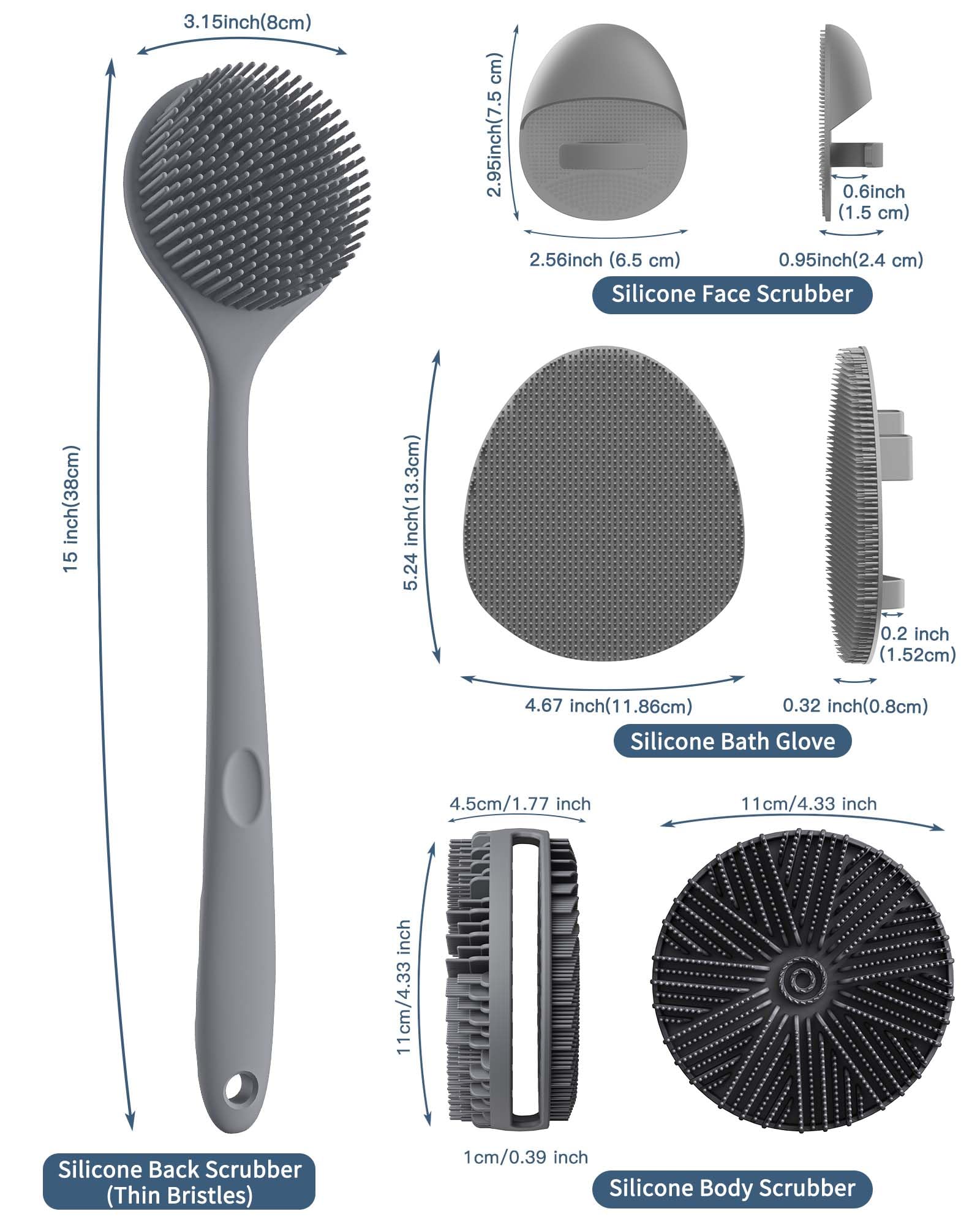 Manmihealth Zestaw silikonowej myjki do pleców i miękkich rękawiczek kąpielowych, 4 szt. (cienkie włosie), super złuszczający peeling do ciała i super spieniająca się szczotka do twarzy pod prysznic,