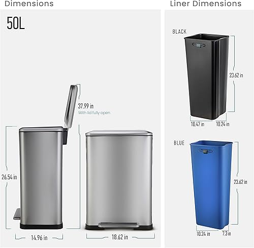 Miniatura 9 de Home Zone Living Bote de basura de cocina de 13 galones con compartimentos dobles para reciclaje, acero inoxidable, plata, 50 litros en total