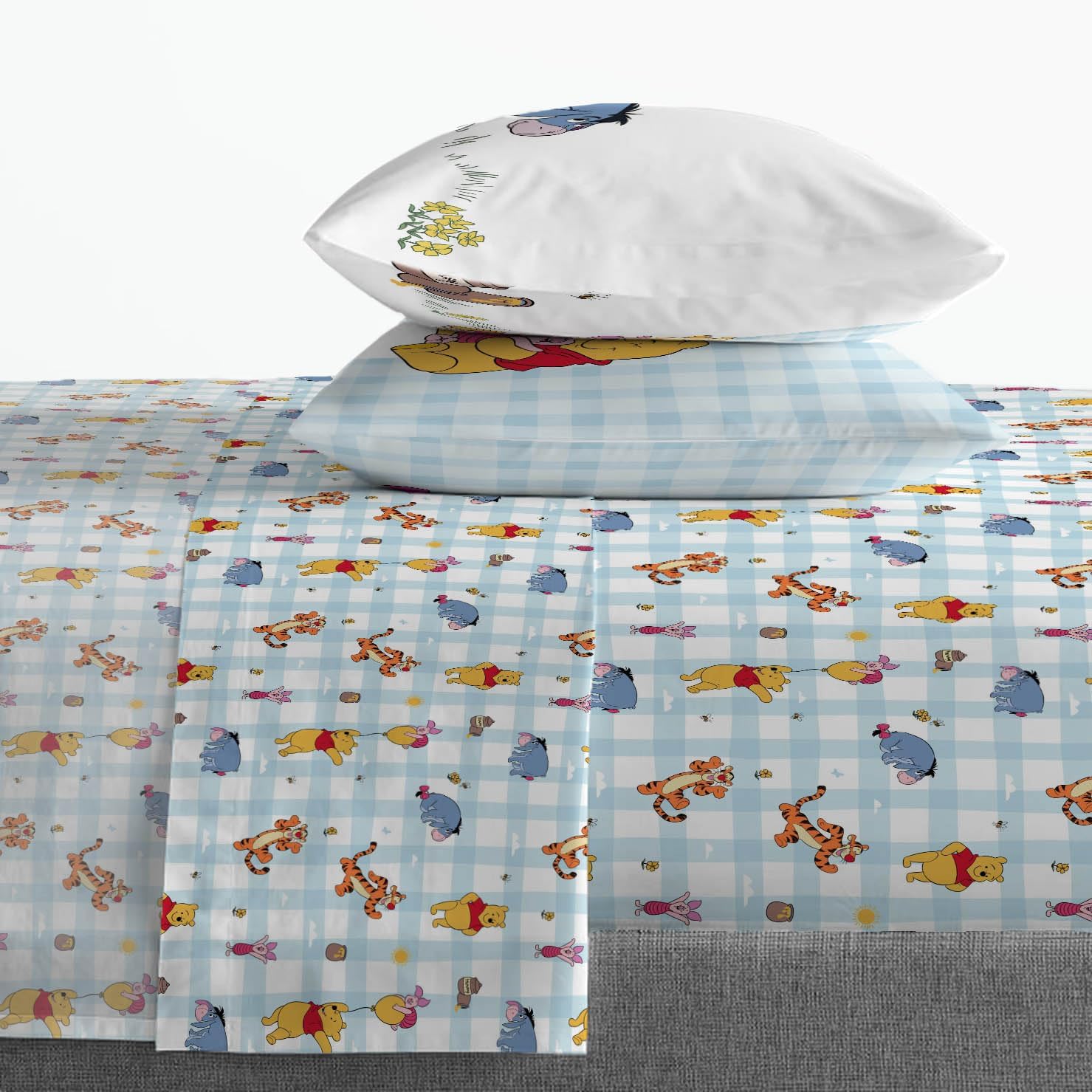 Jay Franco Kids Sheet Set with Fitted, Flat Sheets & Pillow Cover - Ultra-Soft Bedding with Pillowcase for Room Decor, White - Winnie The Pooh, 4 Piece Queen