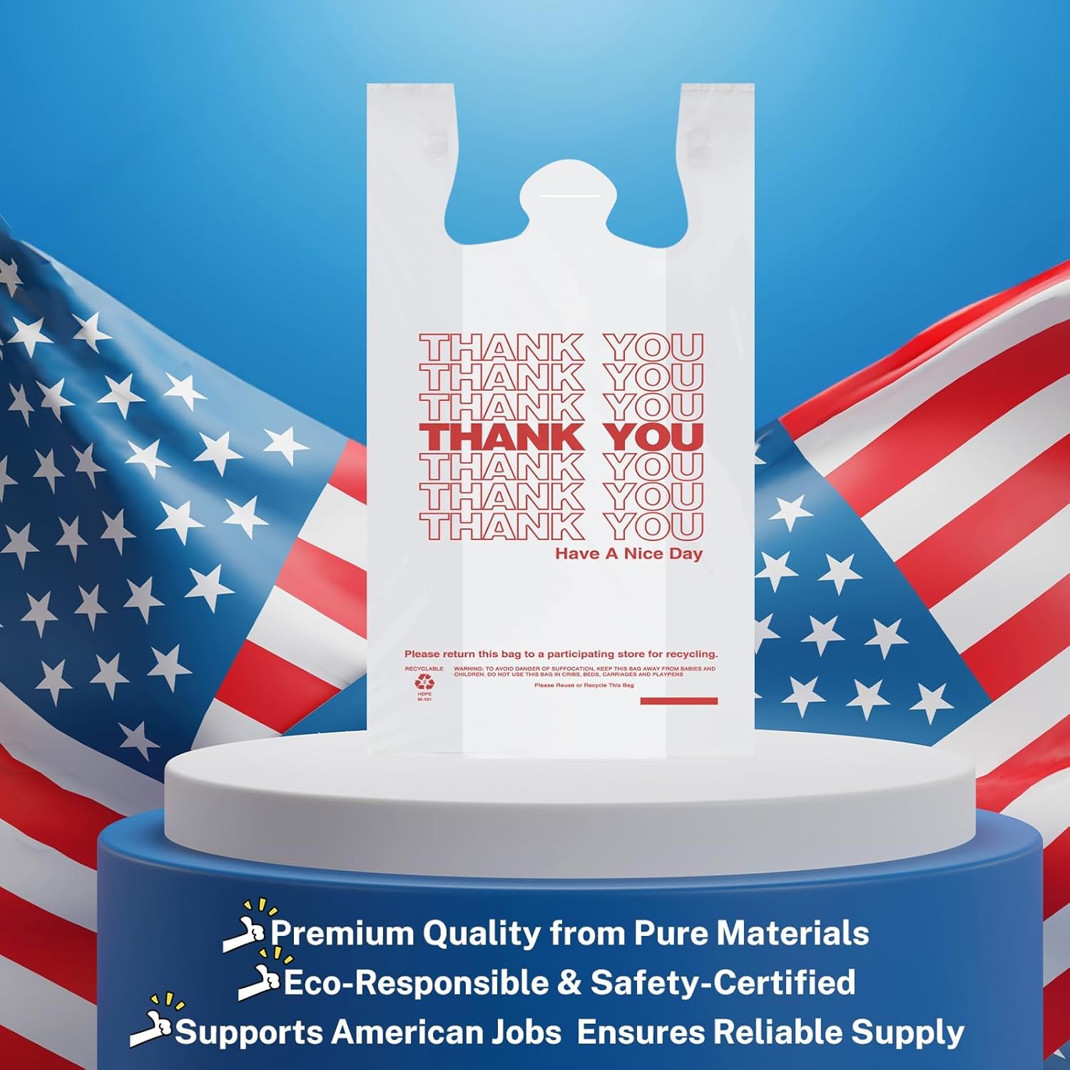 IUI 1000 Count Thank You T-Shirt Plastic Bags, White Grocery Bags with Handles, 11.5" x 6.5" x 21", Retail Shopping, Take Out & Small Business Bags in Bulk - Made in USA