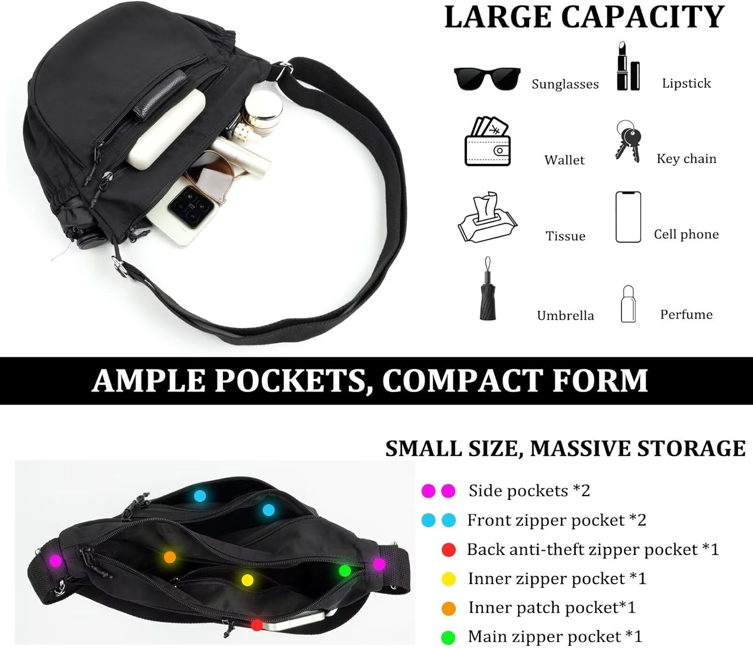 Multi-Pocket Nylon Crescent Crossbody Bag for Women,Sling Trendy Lightweight Medium Hobo Shoulder Bag with Adjustable Strap - Image 5