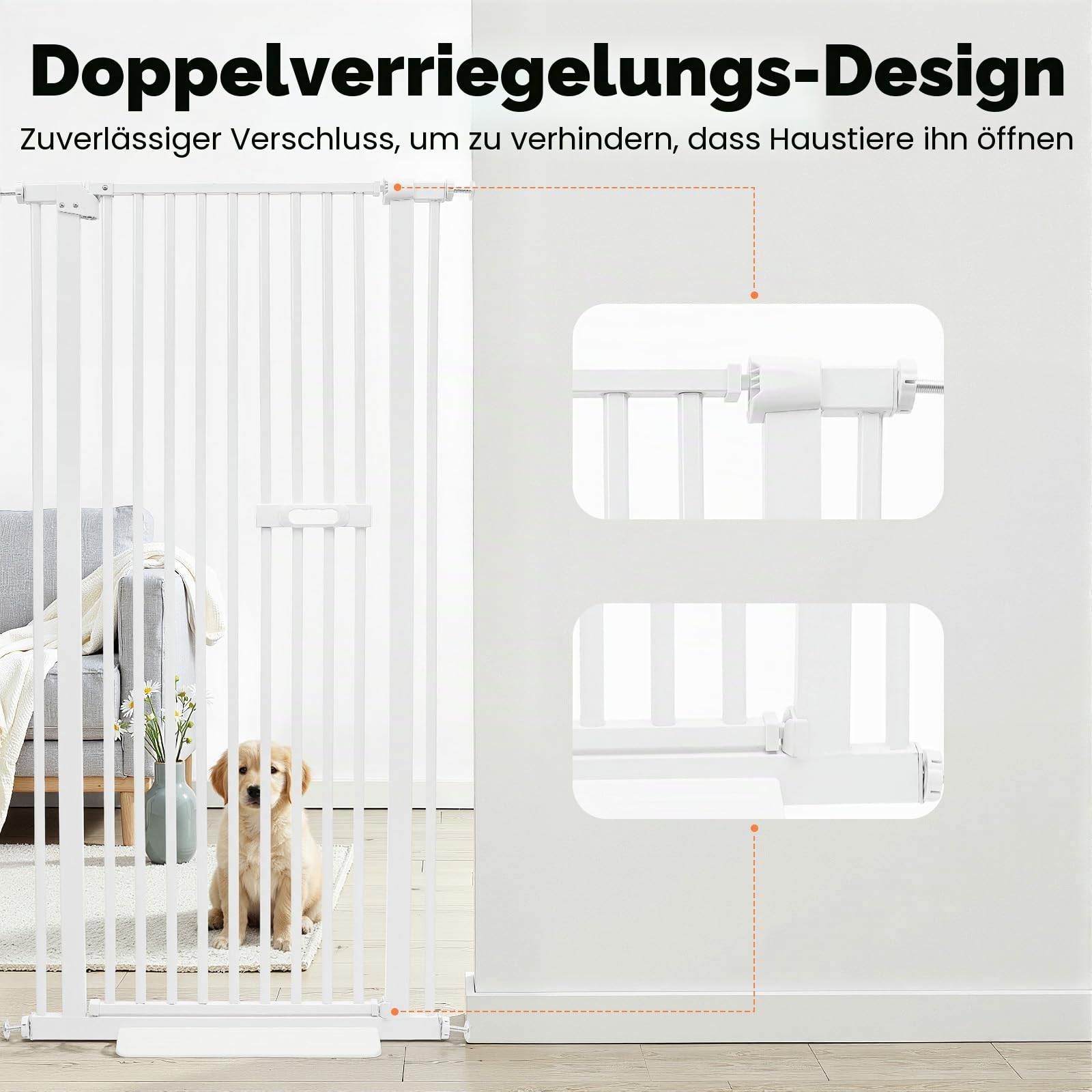 150cm Hohes Türschutzgitter, Treppenschutzgitter ohne Bohren, Sicherheitsgitter für Hunde und Kätzchen, Tuerschutzgitter Metall Selbstschließend, Treppengitter Kindergitter (Weiß)