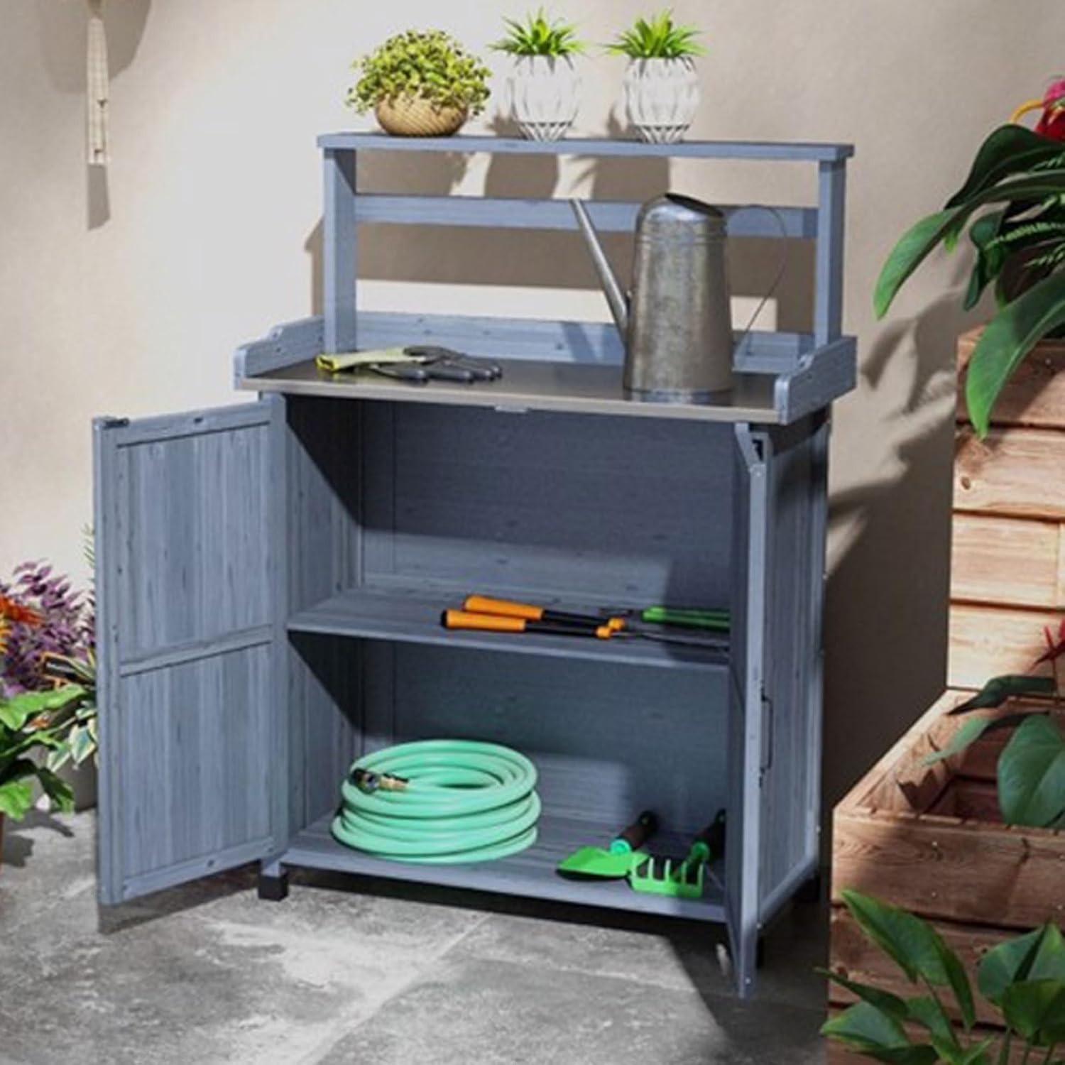 Outdoor Potting Bench with Storage Cabinet and Metal-Plated Tabletop, Top Shelves, Non-Slip Foot Mats, All-Weather Garden Potting Bench Table Work Station for Outside Lawn Patio