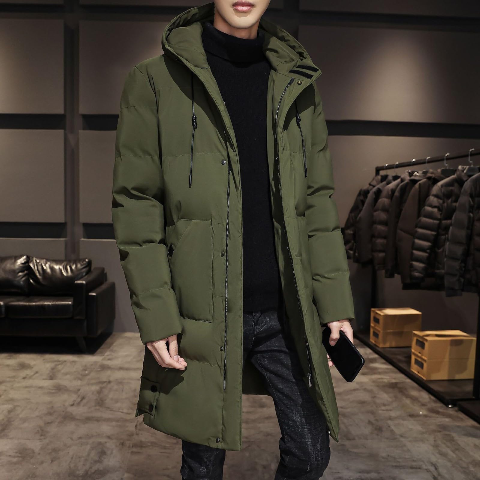 Generisch Outdoorjacke Herren Männlicher mittellanger - Wintermantel mit langen Ärmeln, einfarbig, Taschen, warme Jacke